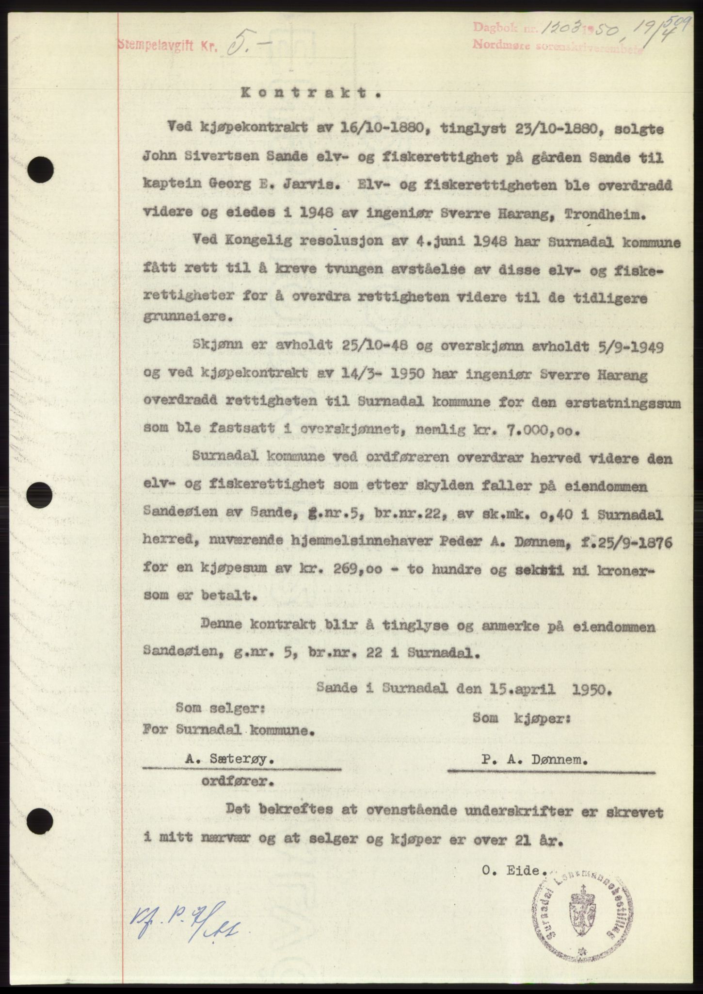 Nordmøre sorenskriveri, AV/SAT-A-4132/1/2/2Ca: Mortgage book no. B104, 1950-1950, Diary no: : 1203/1950