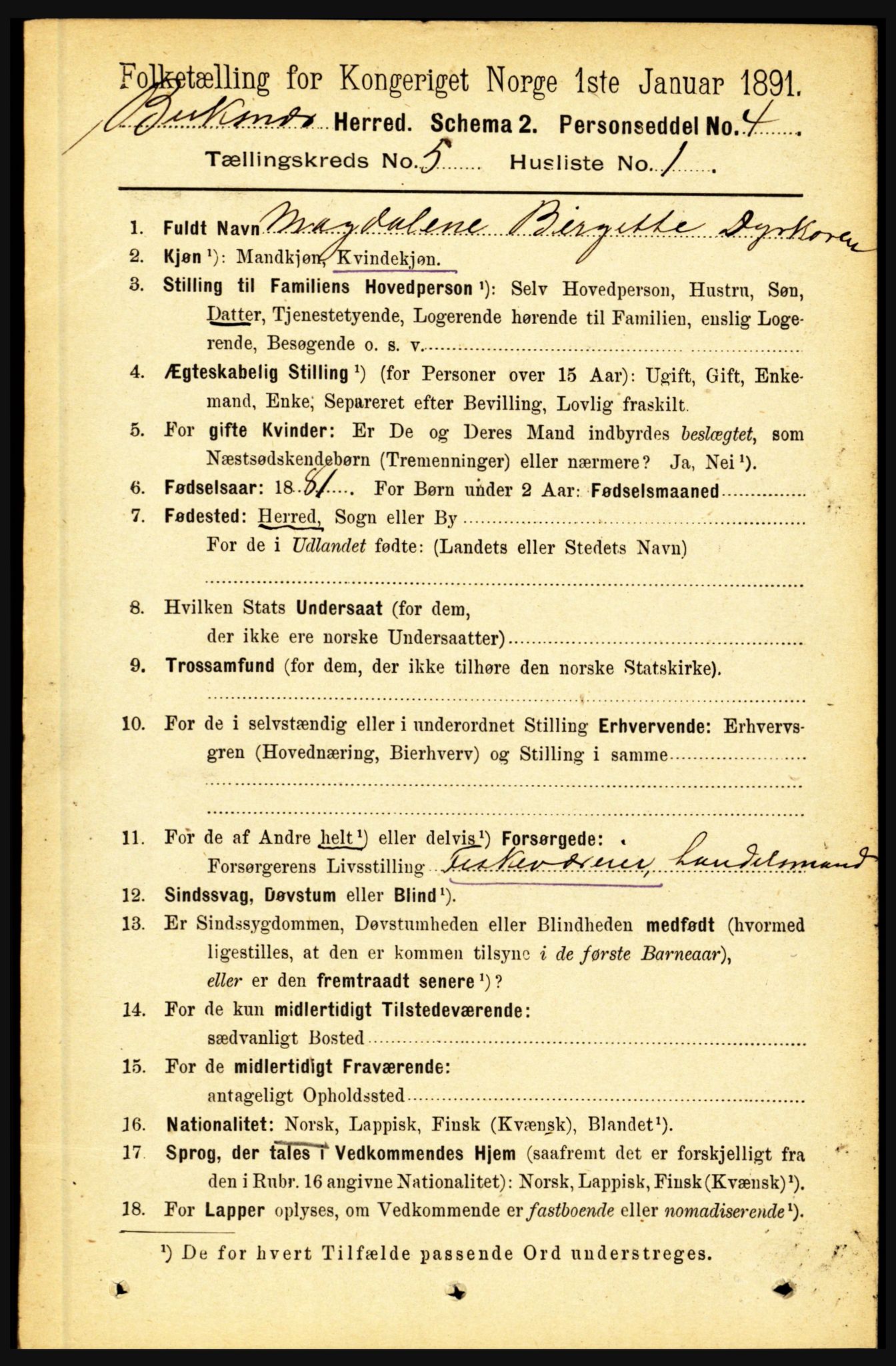 RA, 1891 census for 1860 Buksnes, 1891, p. 3872