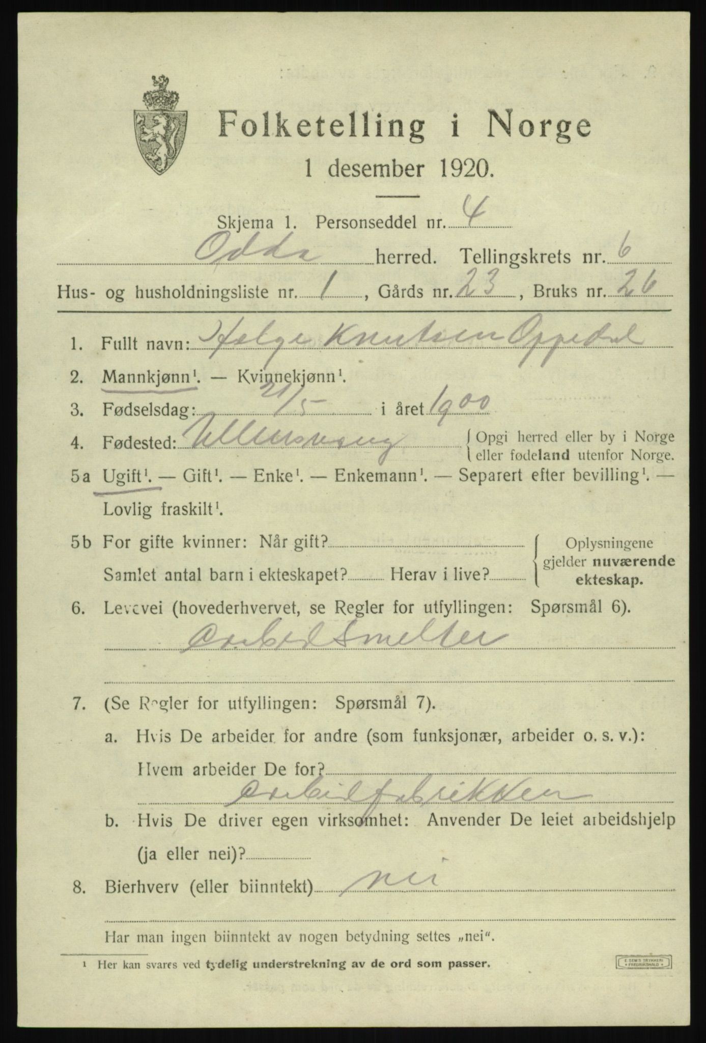 SAB, 1920 census for Odda, 1920, p. 3997