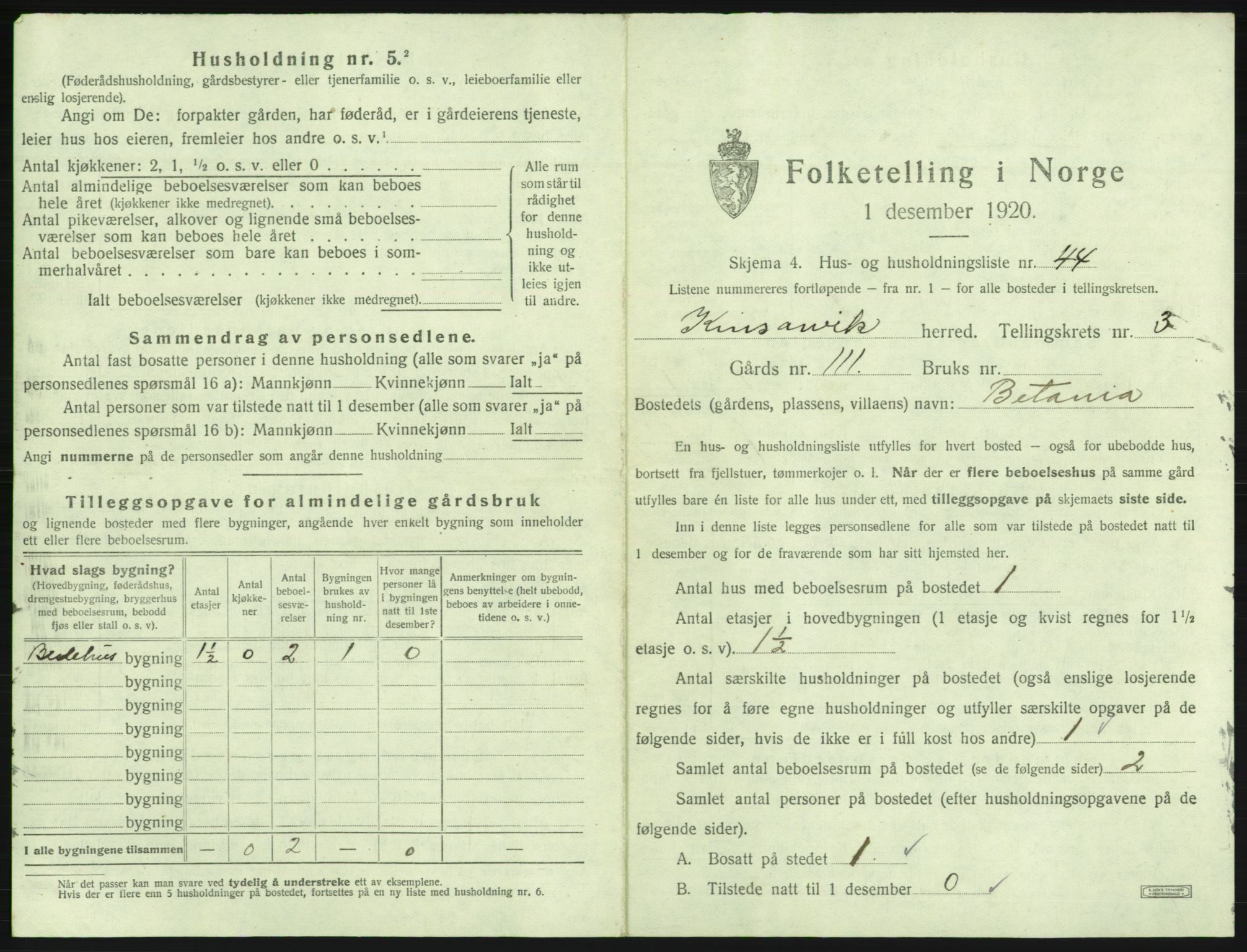 SAB, 1920 census for Kinsarvik, 1920, p. 307