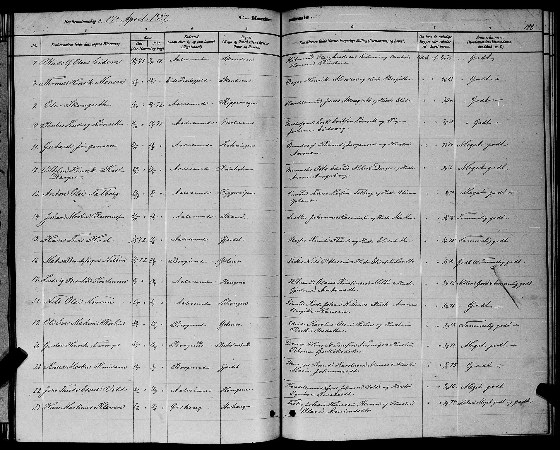 Ministerialprotokoller, klokkerbøker og fødselsregistre - Møre og Romsdal, AV/SAT-A-1454/529/L0466: Parish register (copy) no. 529C03, 1878-1888, p. 198