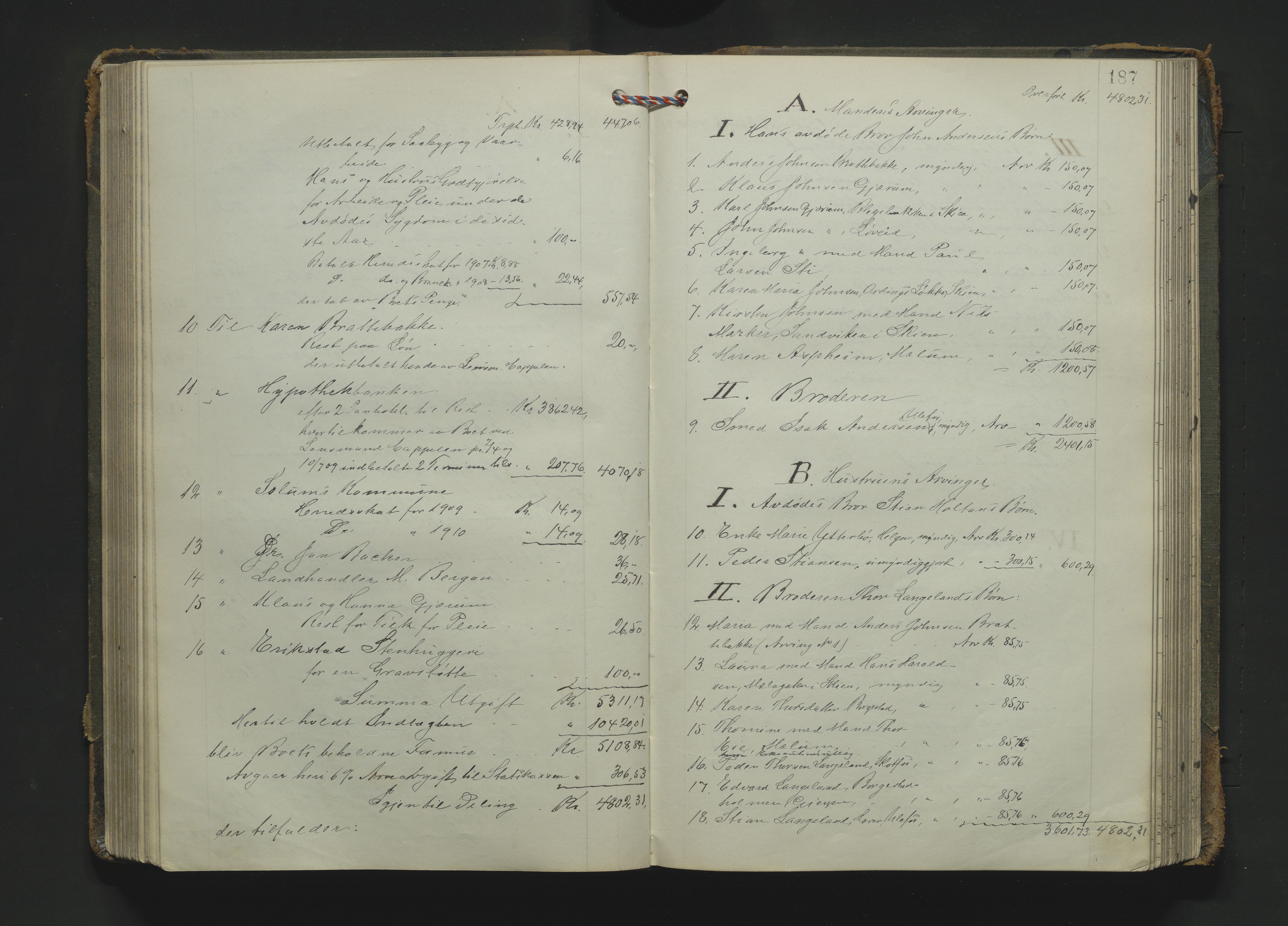 Gjerpen sorenskriveri, SAKO/A-216/H/Hb/Hbc/Hbca/L0004: Skifteutlodningsprotokoll, Sorenskriveriet, 1904-1916, p. 186b-187a