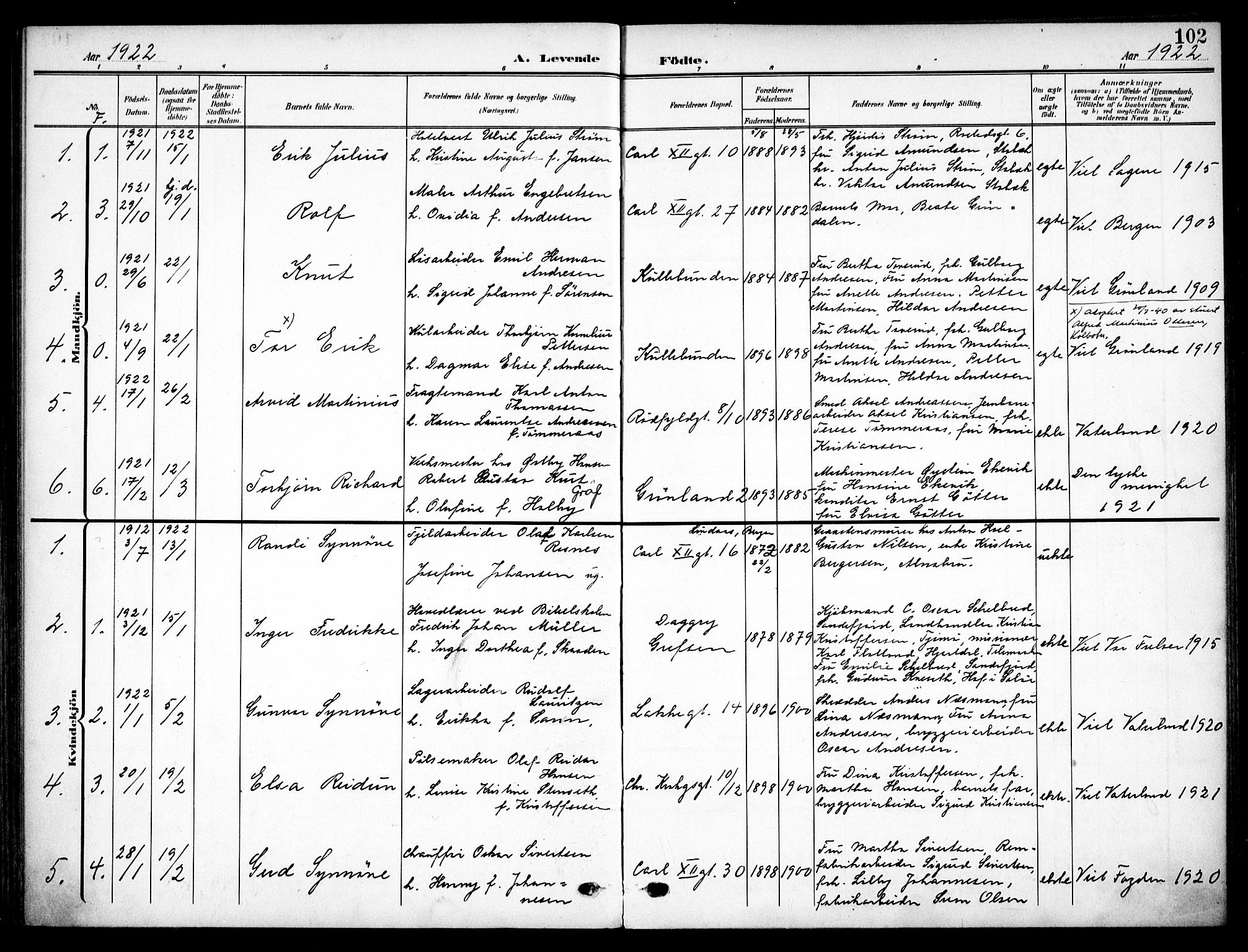 Vaterland prestekontor Kirkebøker, AV/SAO-A-10880/F/Fa/L0001: Parish register (official) no. 1, 1907-1930, p. 102