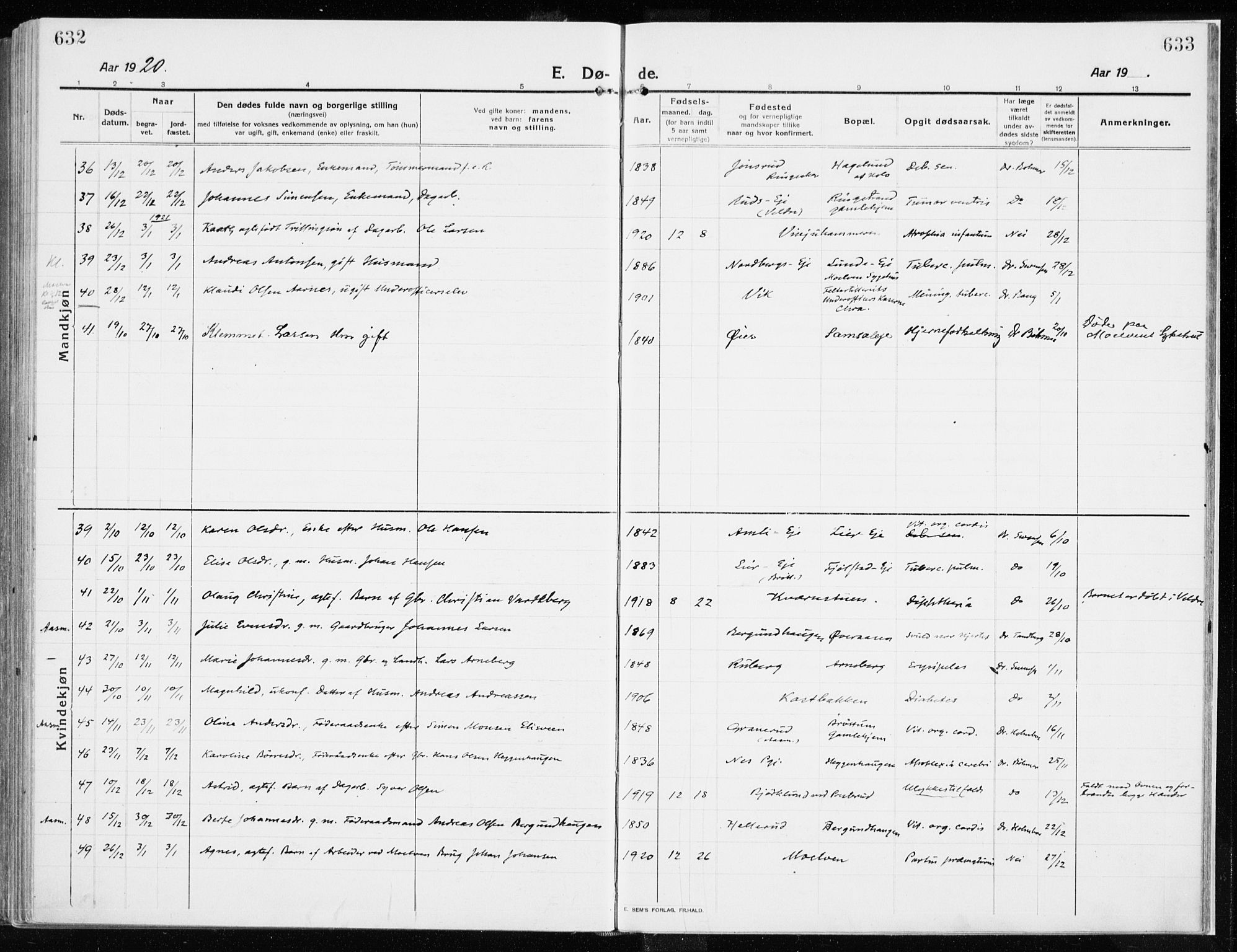 Ringsaker prestekontor, AV/SAH-PREST-014/K/Ka/L0020: Parish register (official) no. 20, 1913-1922, p. 632-633