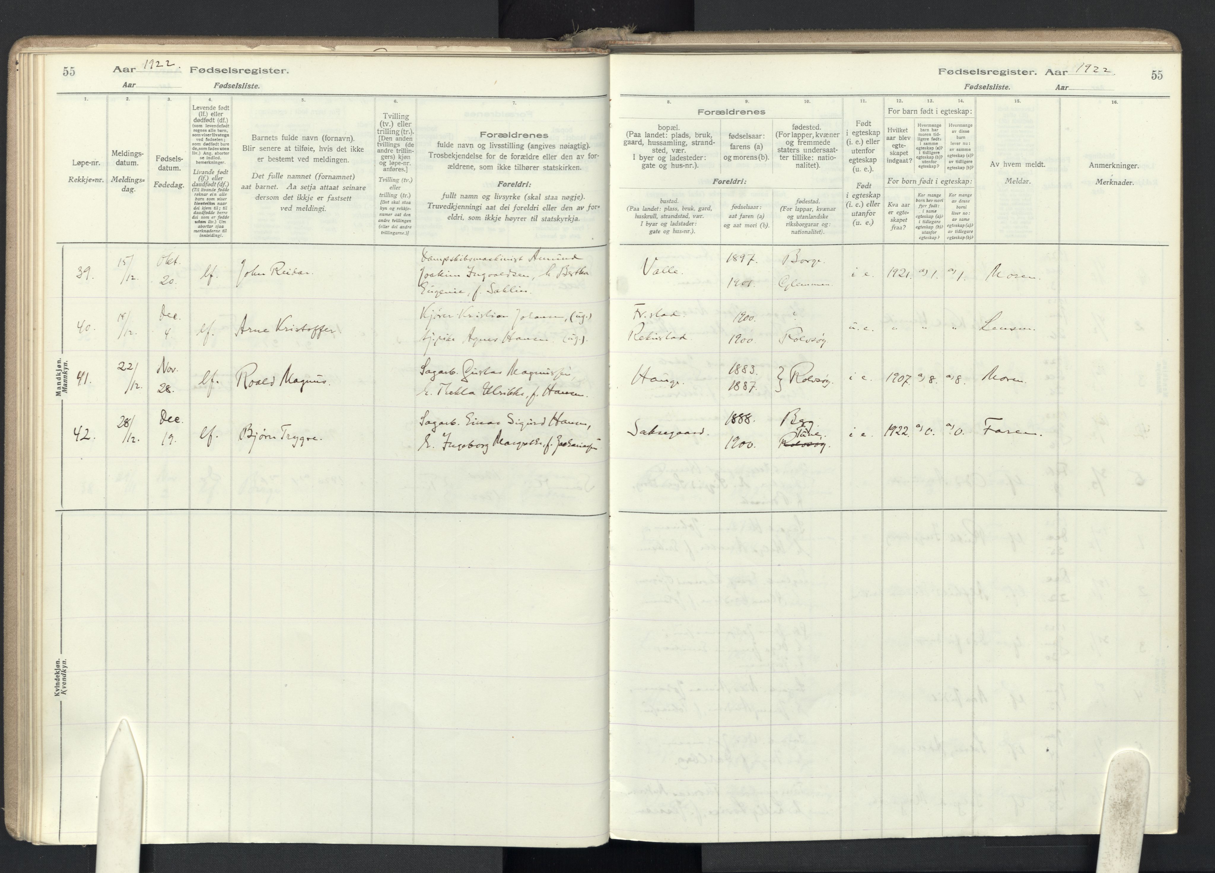 Rolvsøy prestekontor Kirkebøker, AV/SAO-A-2004/J/Ja/L0001: Birth register no. 1, 1916-1946, p. 55