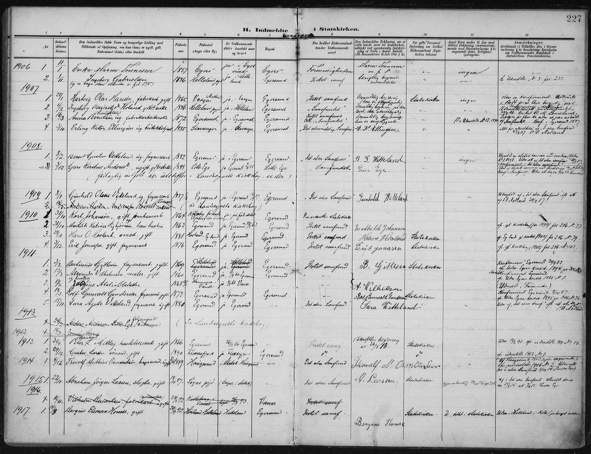 Eigersund sokneprestkontor, SAST/A-101807/S08/L0022: Parish register (official) no. A 21, 1905-1928, p. 227