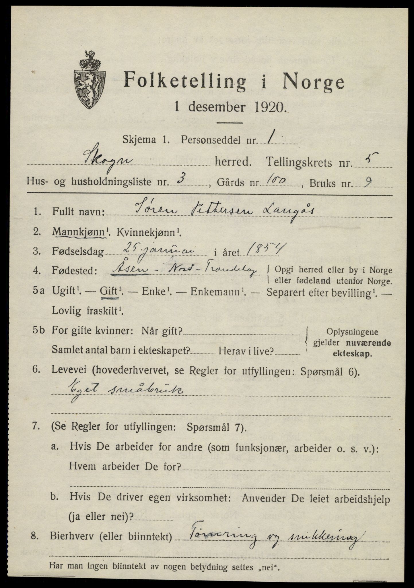 SAT, 1920 census for Skogn, 1920, p. 6501