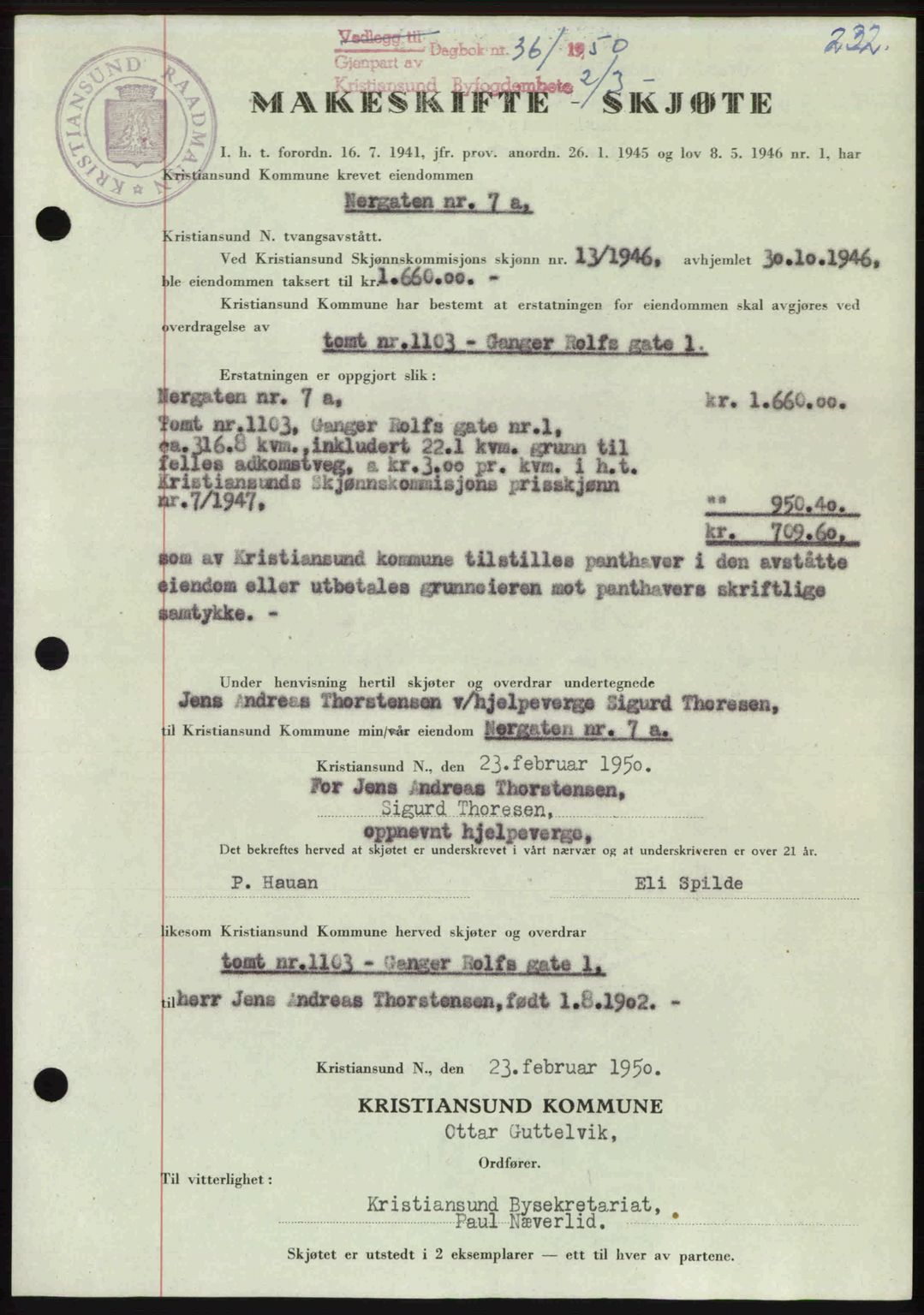 Kristiansund byfogd, AV/SAT-A-4587/A/27: Mortgage book no. 46, 1949-1950, Diary no: : 361/1950