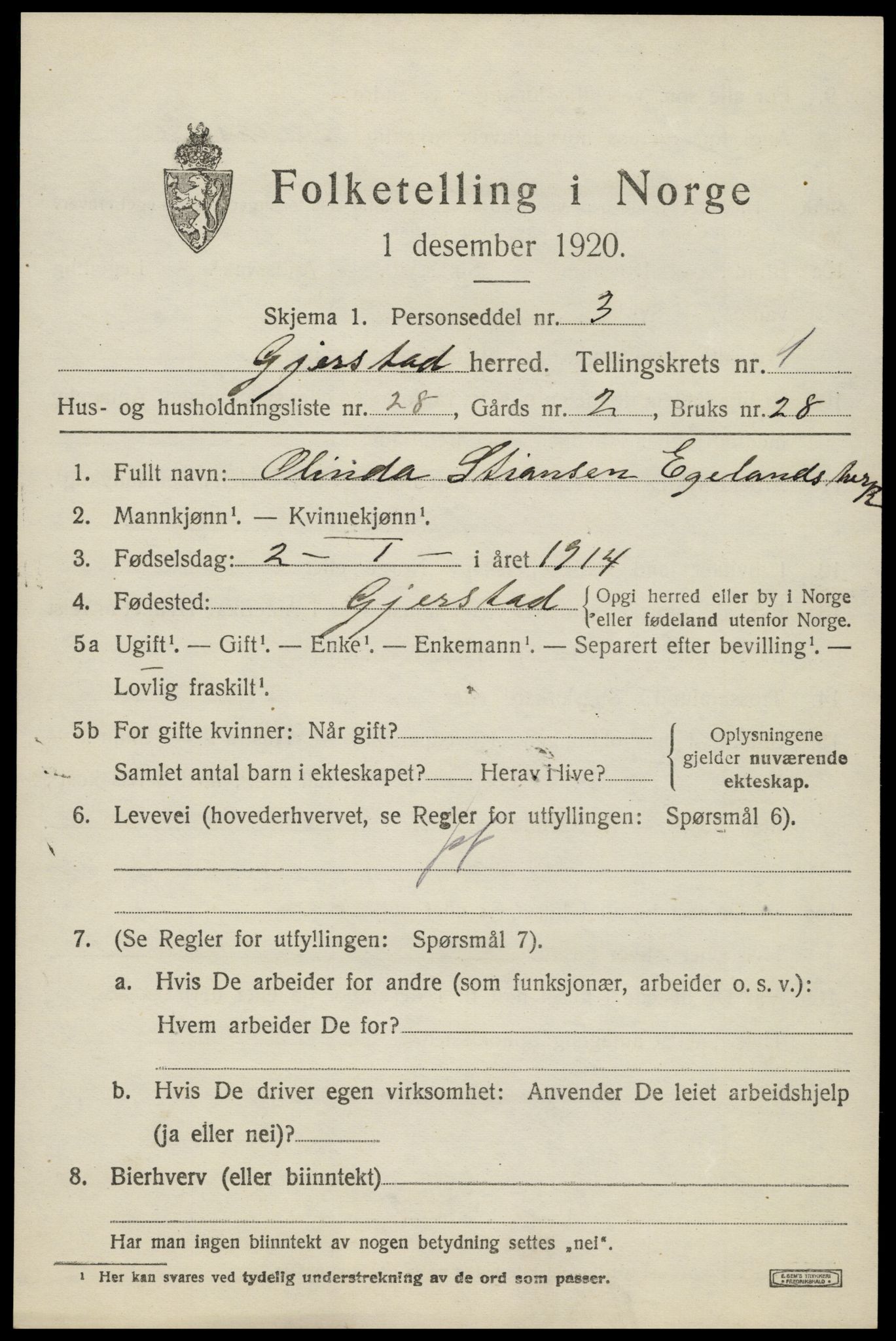 SAK, 1920 census for Gjerstad, 1920, p. 1373