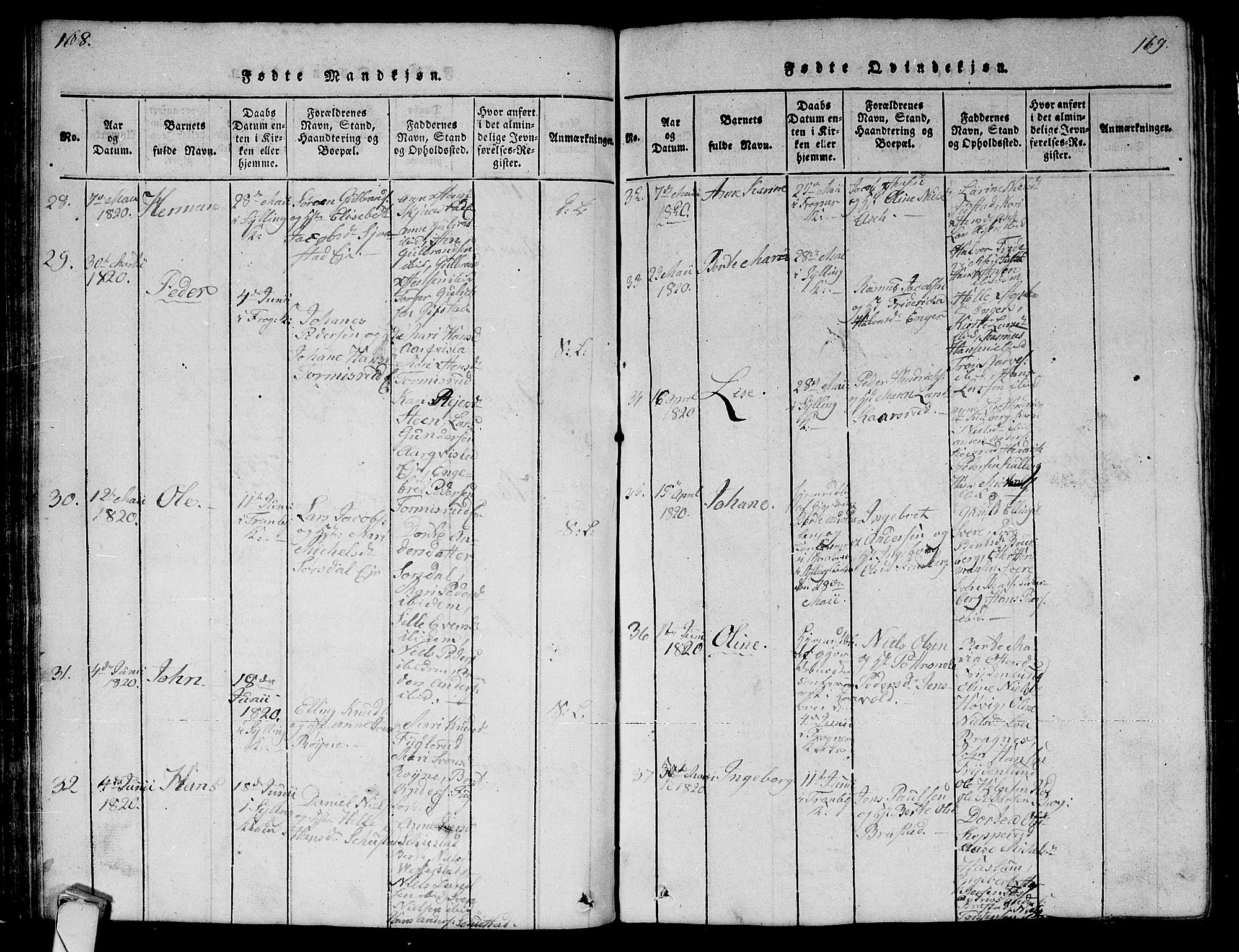 Lier kirkebøker, AV/SAKO-A-230/G/Ga/L0001: Parish register (copy) no. I 1, 1813-1824, p. 168-169