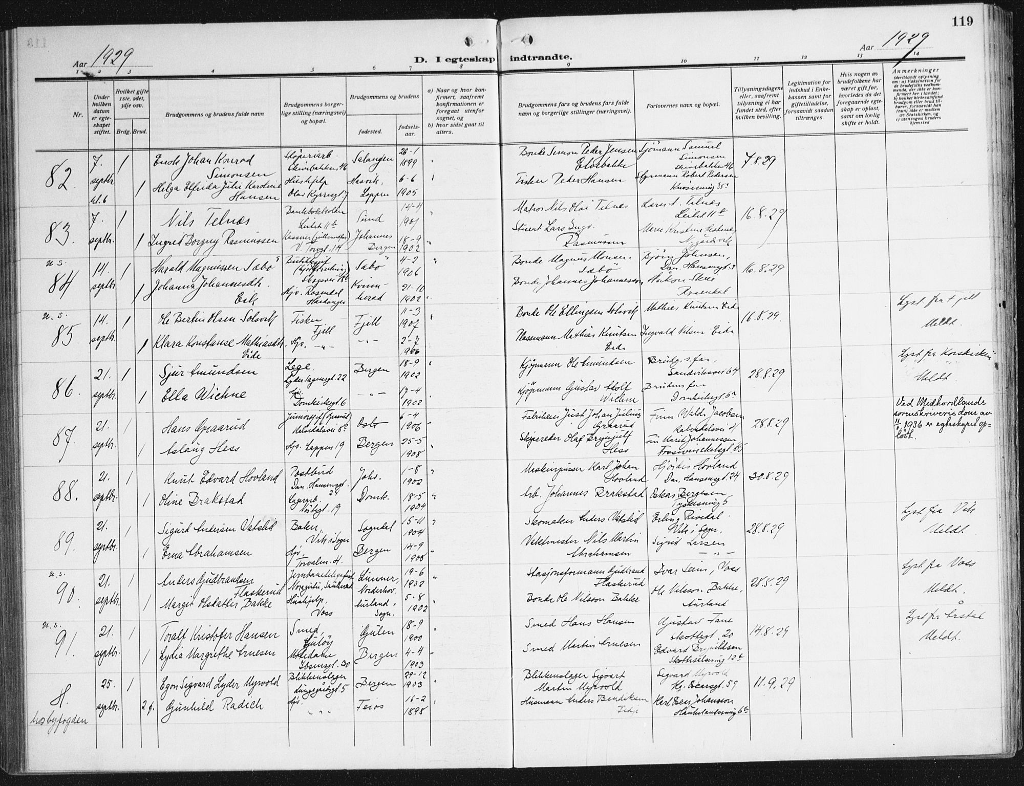 Domkirken sokneprestembete, AV/SAB-A-74801/H/Haa/L0039: Parish register (official) no. D 6, 1921-1937, p. 119