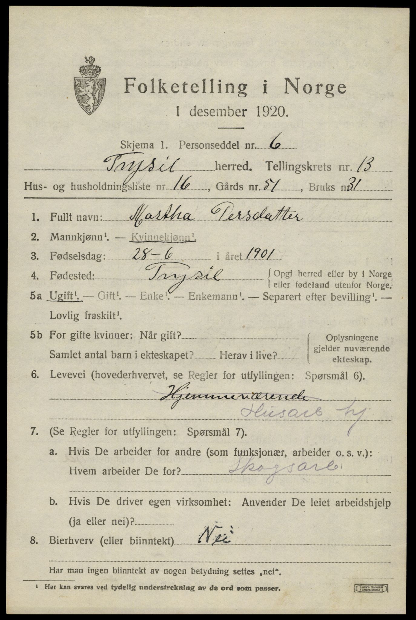 SAH, 1920 census for Trysil, 1920, p. 7851