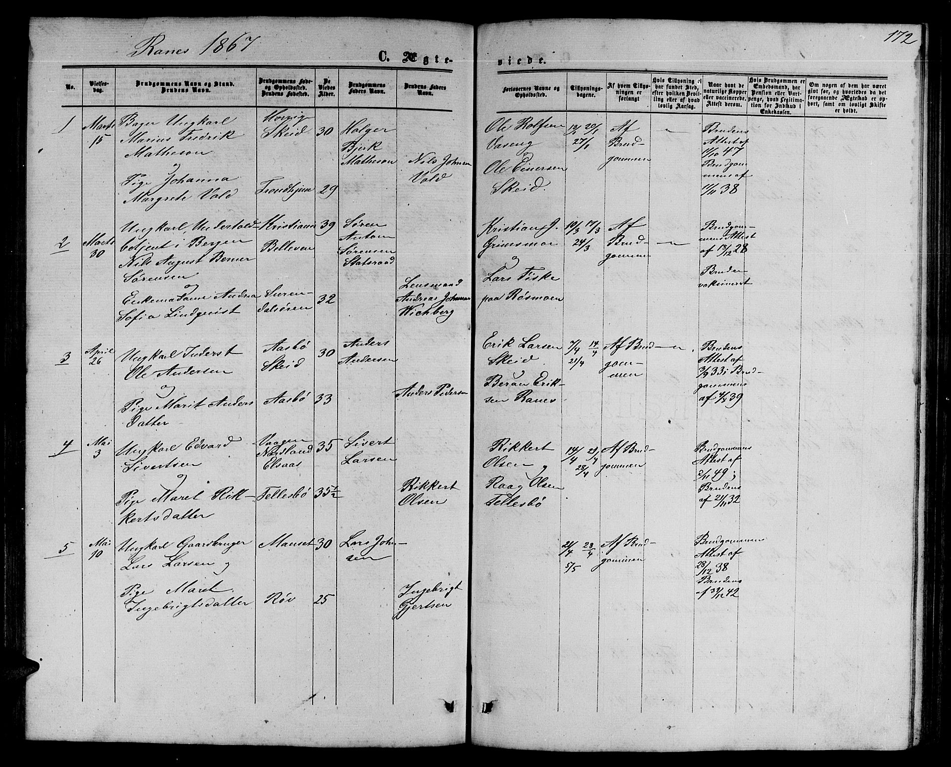 Ministerialprotokoller, klokkerbøker og fødselsregistre - Møre og Romsdal, SAT/A-1454/595/L1051: Parish register (copy) no. 595C03, 1866-1891, p. 172