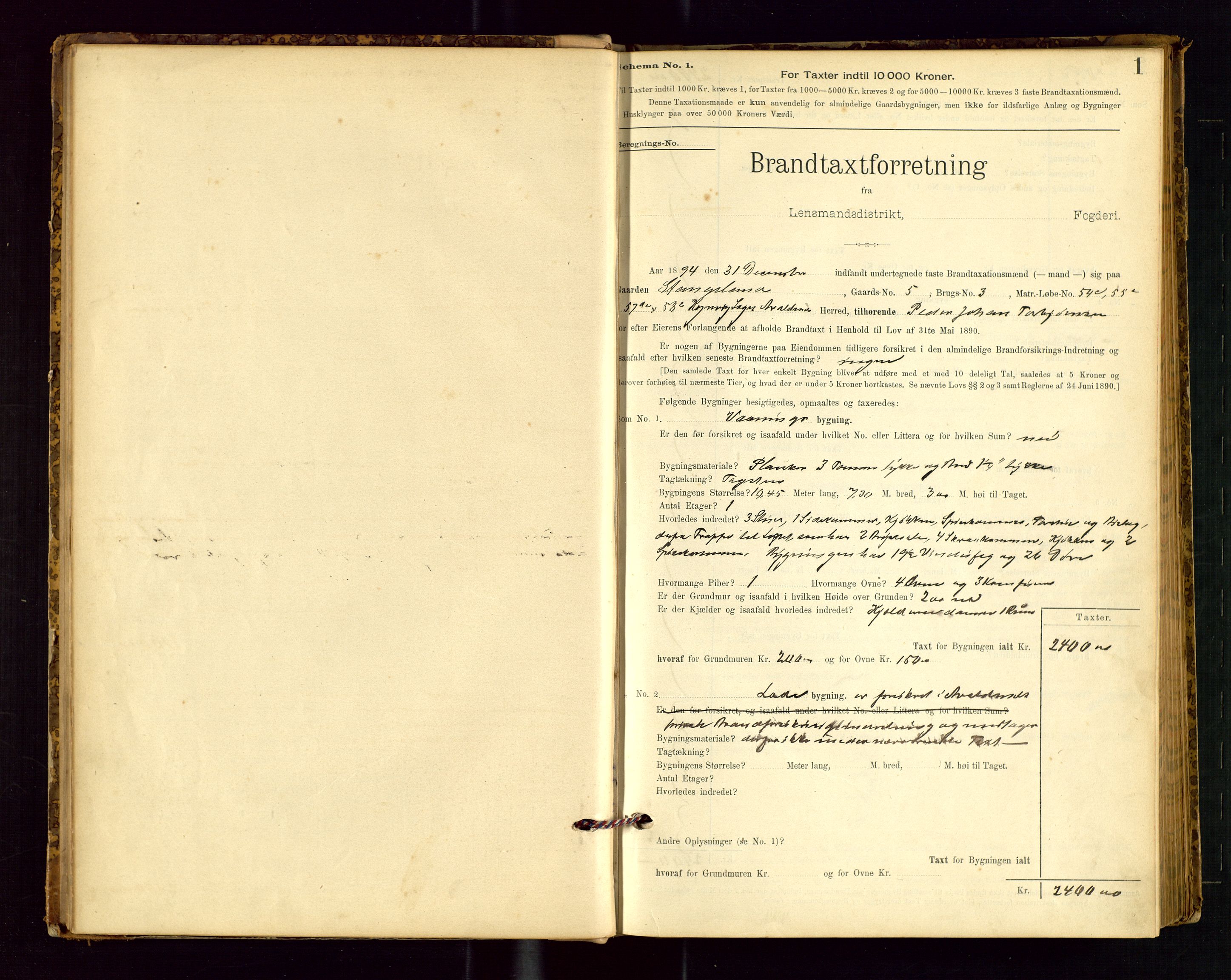 Avaldsnes lensmannskontor, SAST/A-100286/Gob/L0001: "Brandtaxationsprotokol for Avaldsnes Lensmandsdistrikt Ryfylke Fogderi", 1894-1925, p. 1