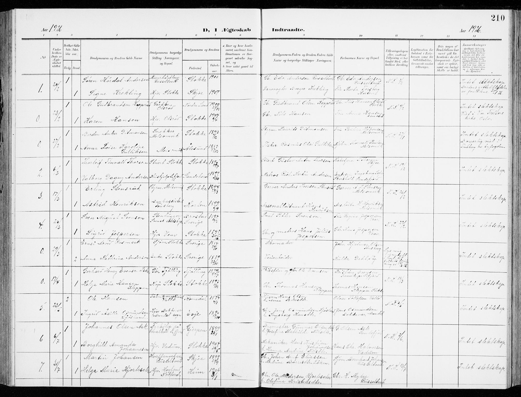 Stokke kirkebøker, SAKO/A-320/G/Ga/L0001: Parish register (copy) no. I 1, 1904-1940, p. 210