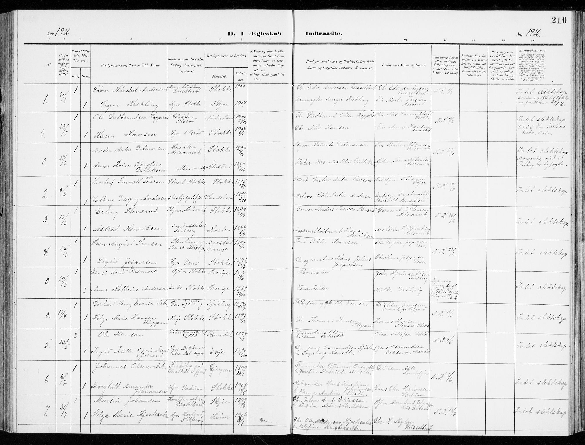 Stokke kirkebøker, AV/SAKO-A-320/G/Ga/L0001: Parish register (copy) no. I 1, 1904-1940, p. 210