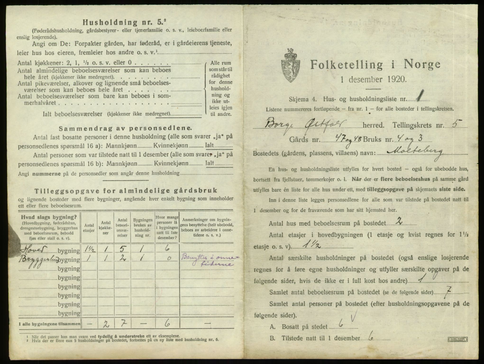 SAO, 1920 census for Borge, 1920, p. 1433