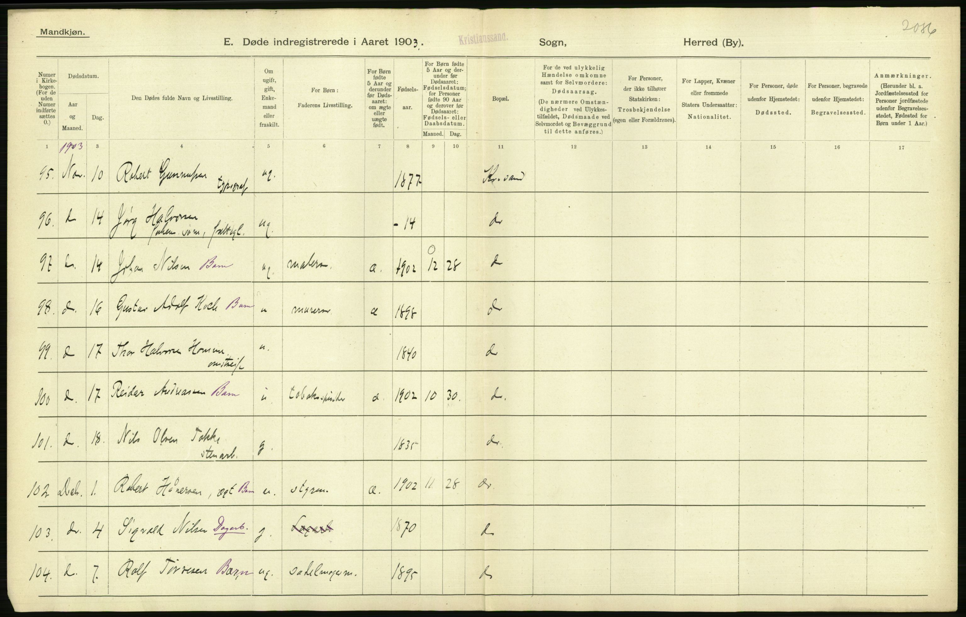 Statistisk sentralbyrå, Sosiodemografiske emner, Befolkning, AV/RA-S-2228/D/Df/Dfa/Dfaa/L0011: Lister og Mandal amt: Fødte, gifte, døde, 1903, p. 532