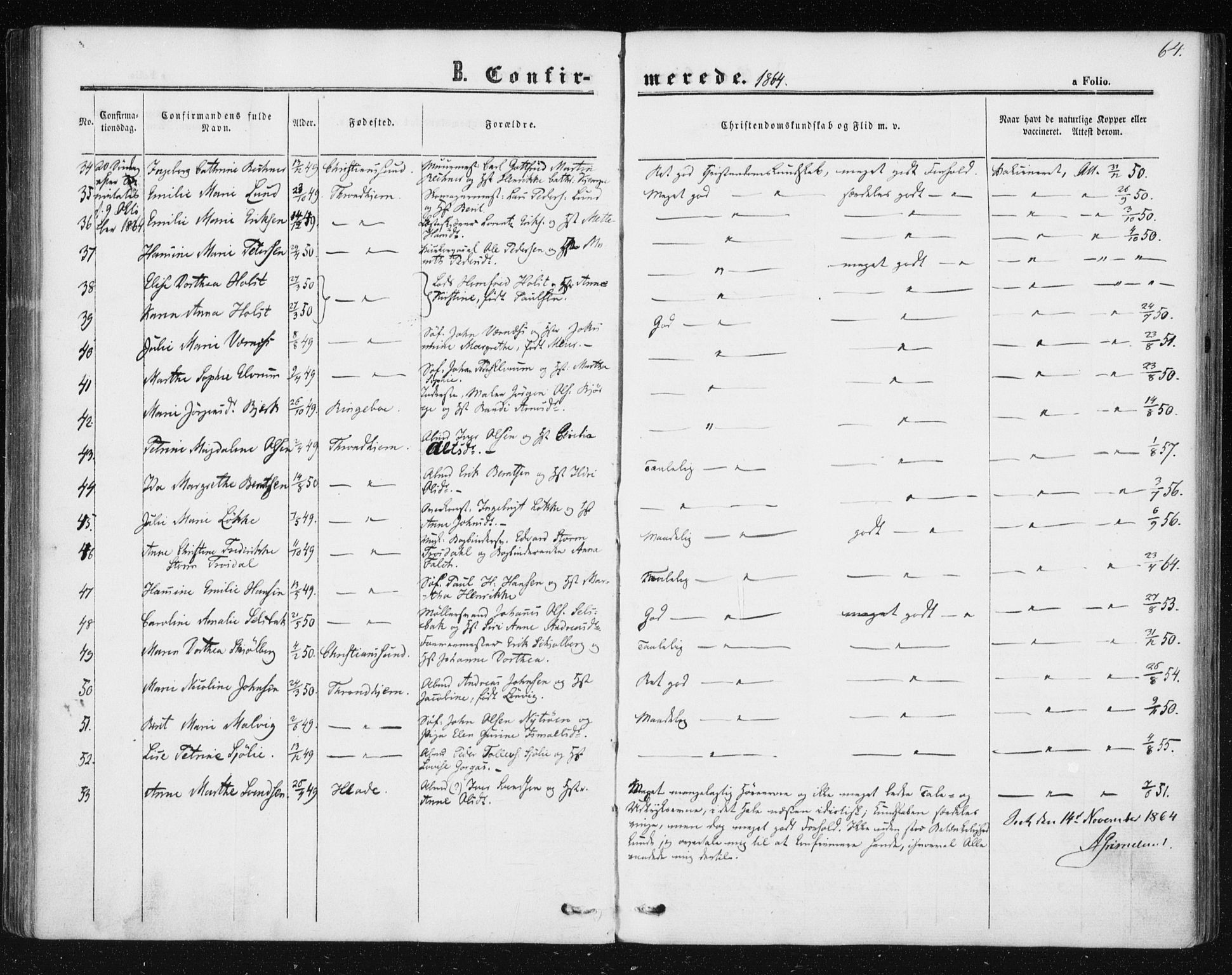 Ministerialprotokoller, klokkerbøker og fødselsregistre - Sør-Trøndelag, SAT/A-1456/602/L0114: Parish register (official) no. 602A12, 1856-1872, p. 64