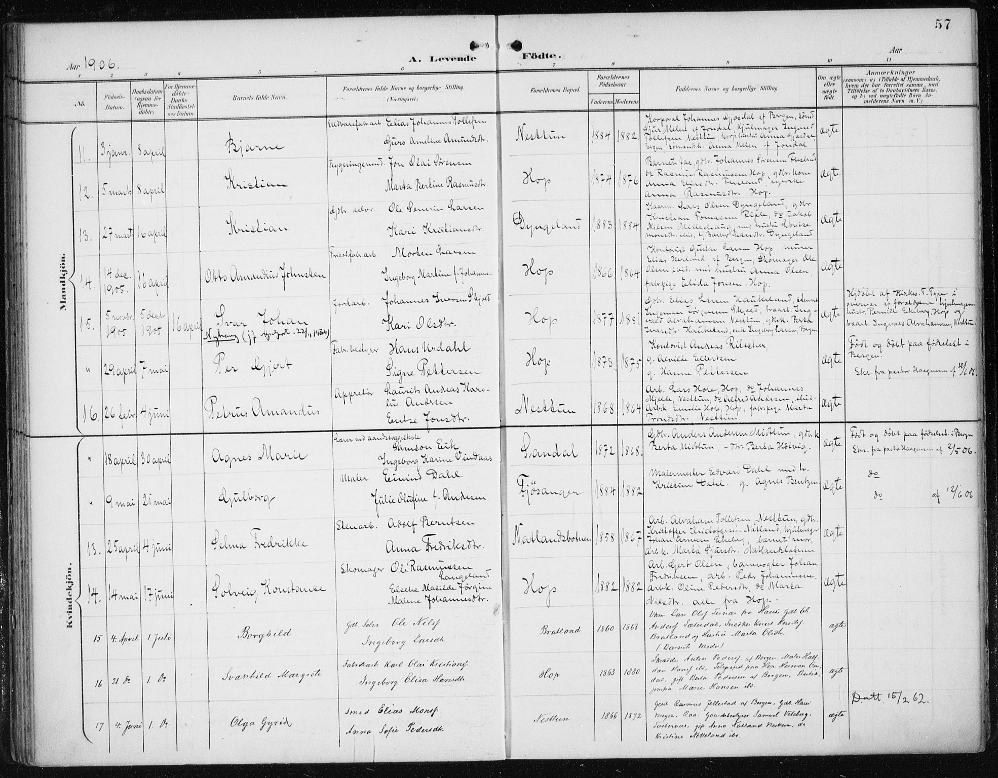 Fana Sokneprestembete, AV/SAB-A-75101/H/Haa/Haai/L0003: Parish register (official) no. I 3, 1900-1912, p. 57