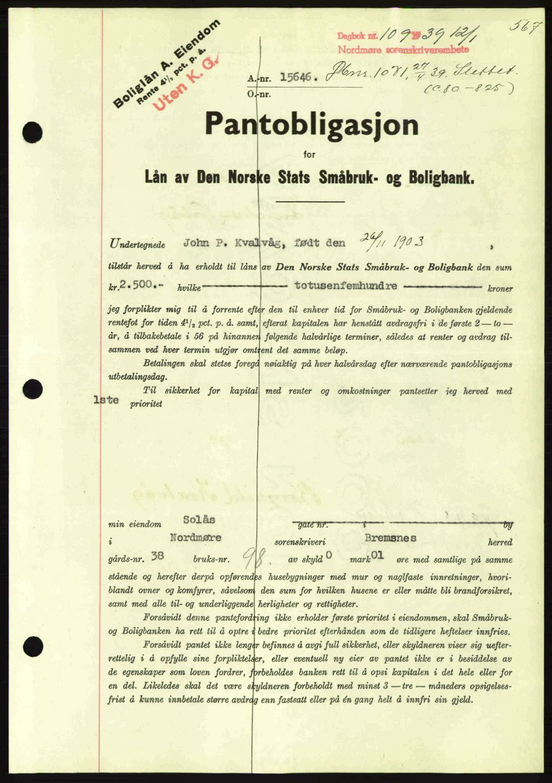 Nordmøre sorenskriveri, SAT/A-4132/1/2/2Ca: Mortgage book no. B84, 1938-1939, Diary no: : 109/1939