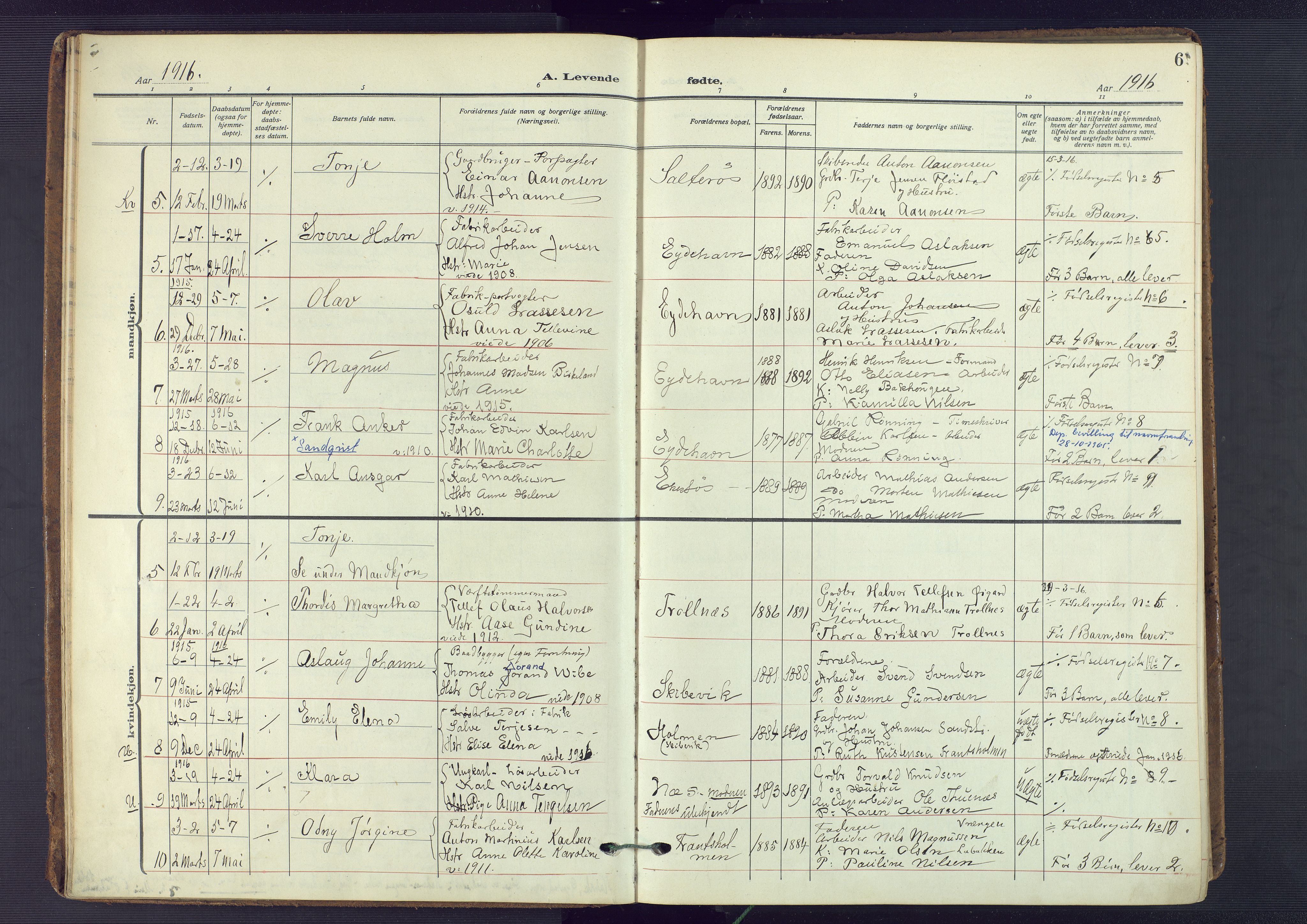 Austre Moland sokneprestkontor, AV/SAK-1111-0001/F/Fa/Fab/L0003: Parish register (official) no. A 3, 1914-1927, p. 6