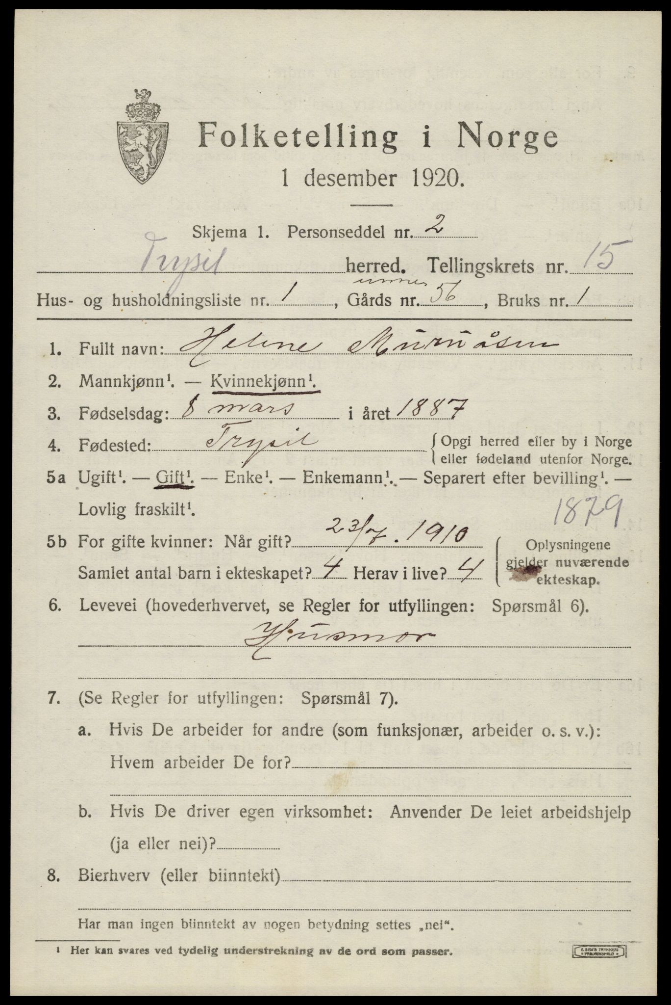 SAH, 1920 census for Trysil, 1920, p. 8787