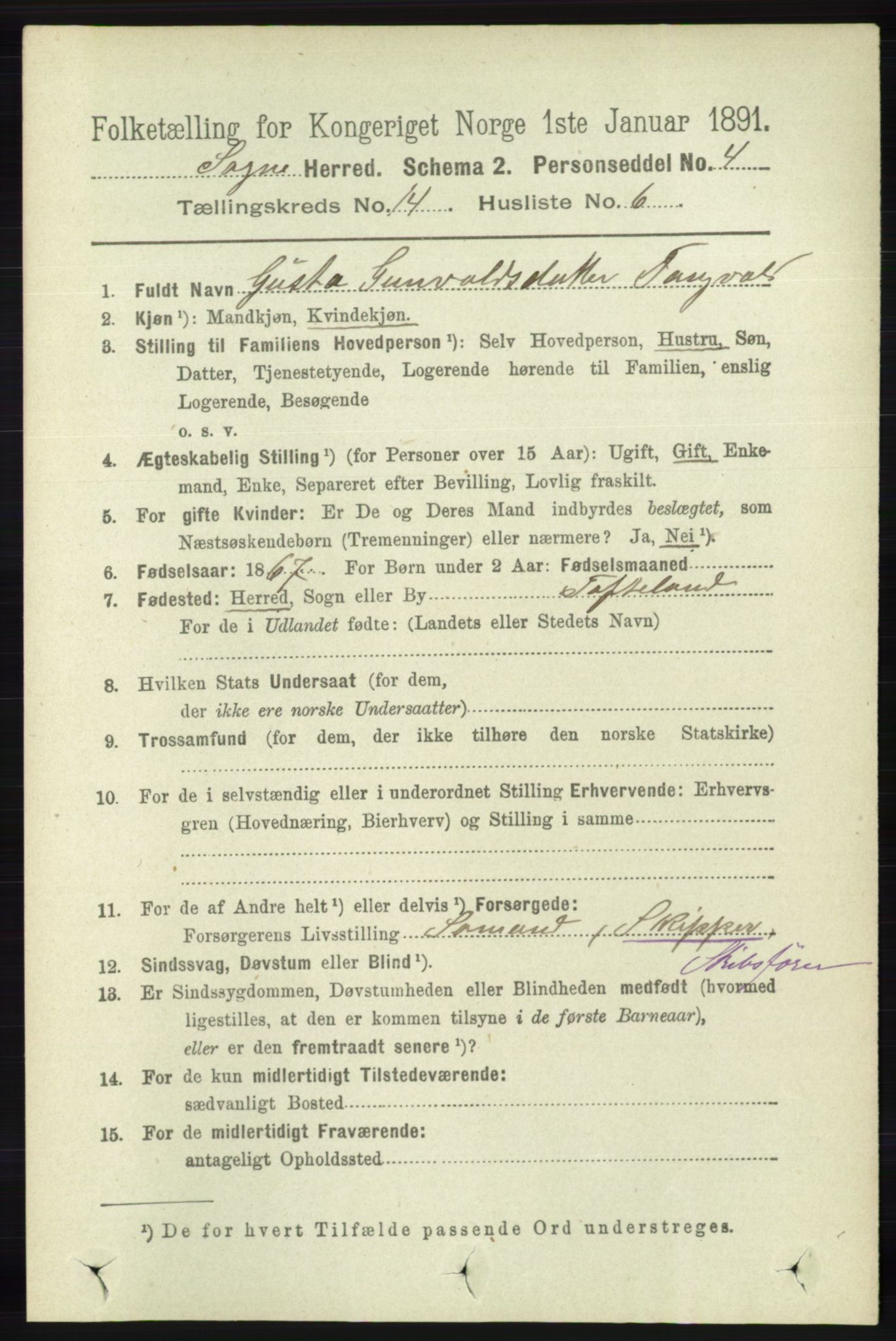 RA, 1891 census for 1018 Søgne, 1891, p. 3434