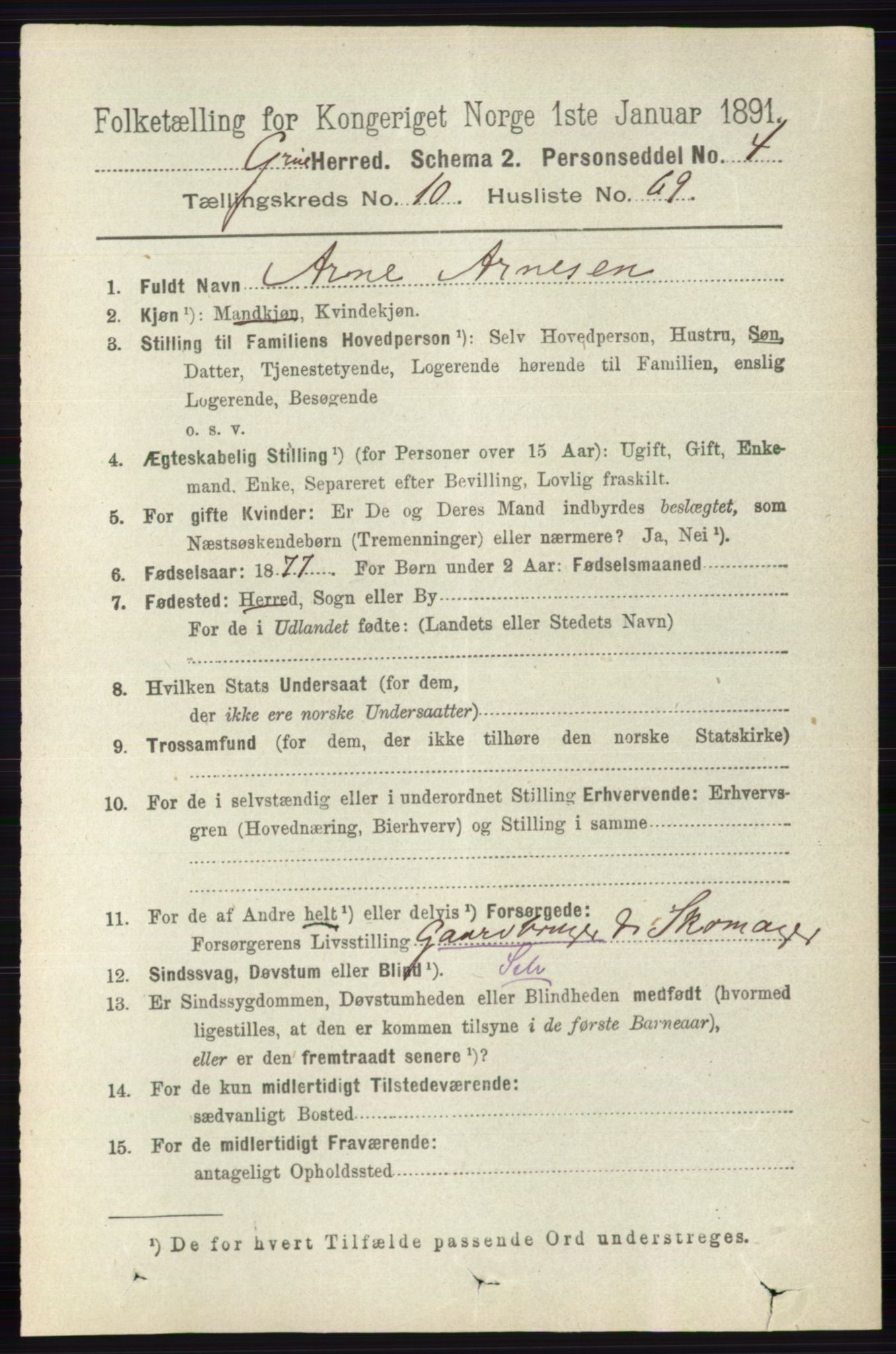 RA, 1891 census for 0423 Grue, 1891, p. 5811