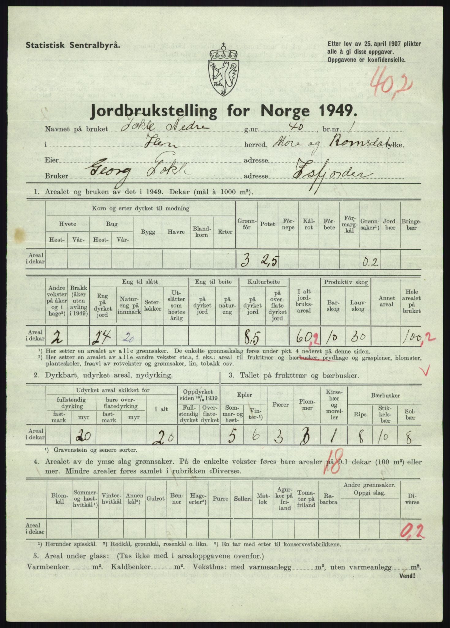 Statistisk sentralbyrå, Næringsøkonomiske emner, Jordbruk, skogbruk, jakt, fiske og fangst, AV/RA-S-2234/G/Gc/L0323: Møre og Romsdal: Grytten og Hen, 1949, p. 803