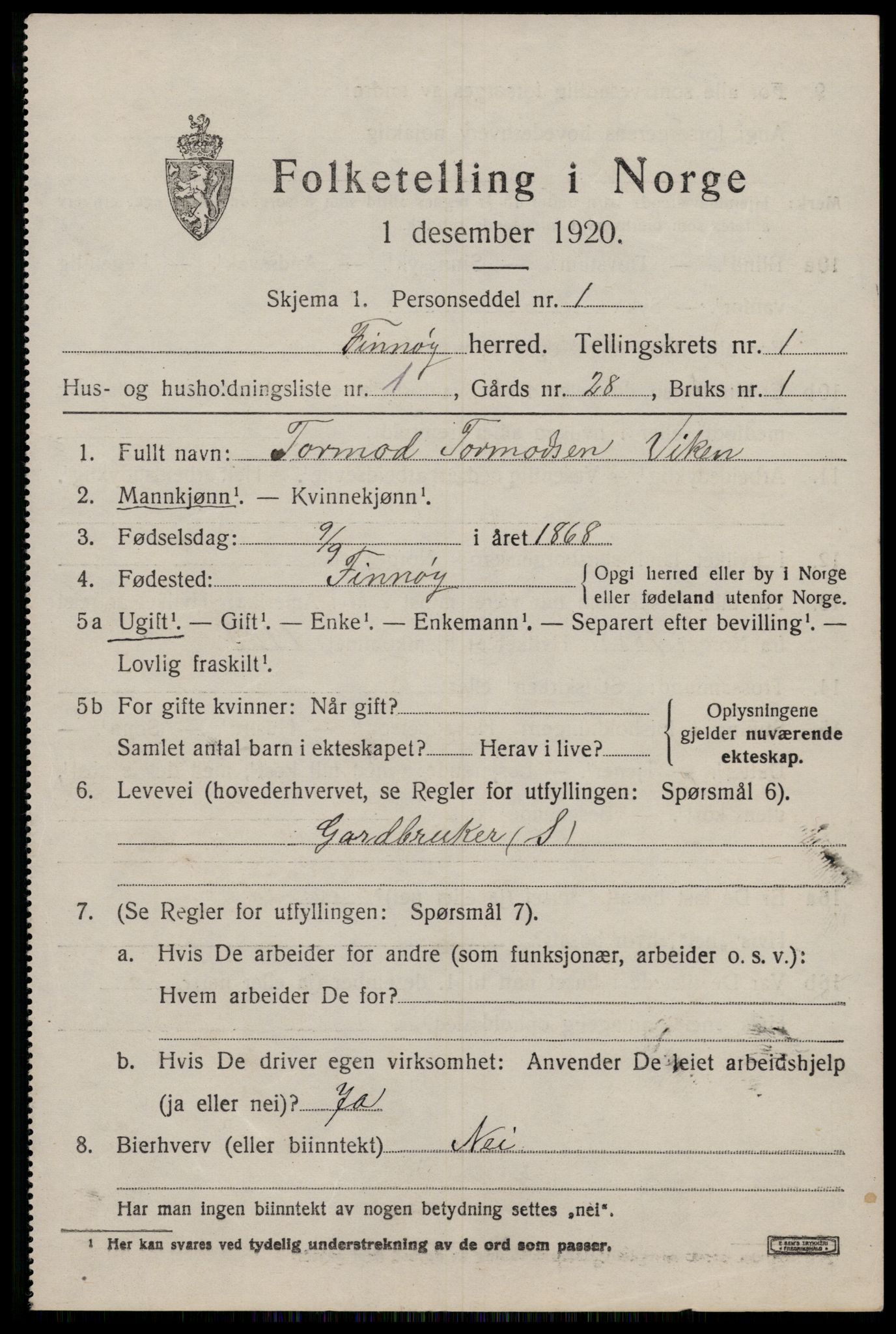 SAST, 1920 census for Finnøy, 1920, p. 666