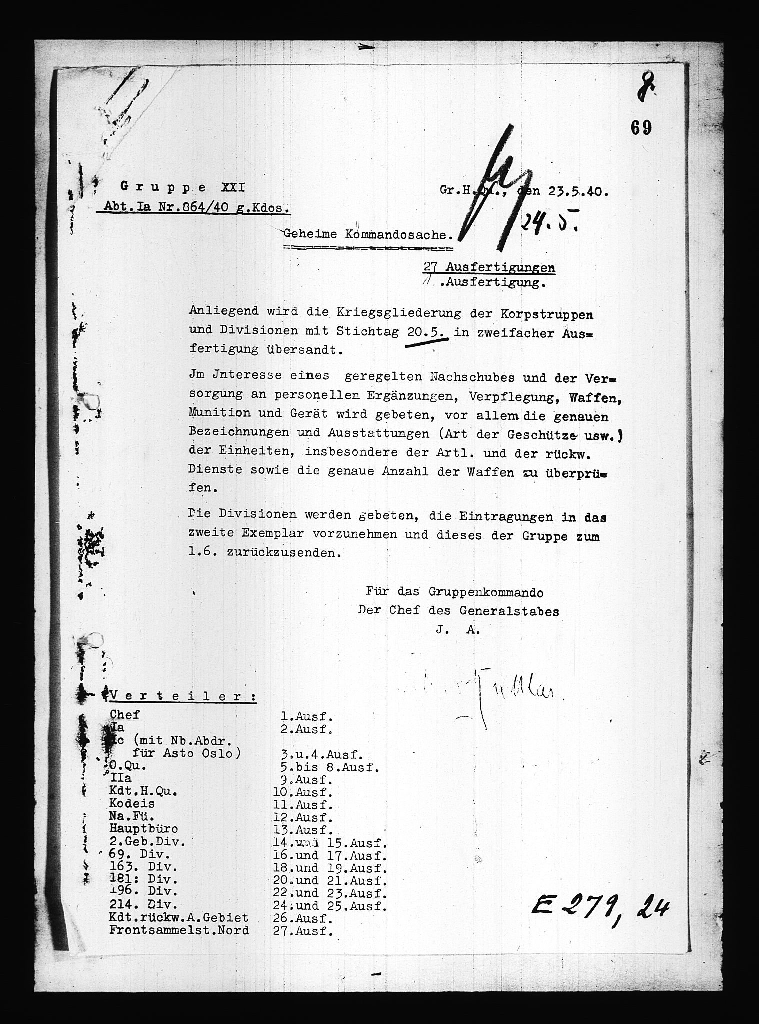 Documents Section, AV/RA-RAFA-2200/V/L0083: Amerikansk mikrofilm "Captured German Documents".
Box No. 722.  FKA jnr. 615/1954., 1940, p. 491