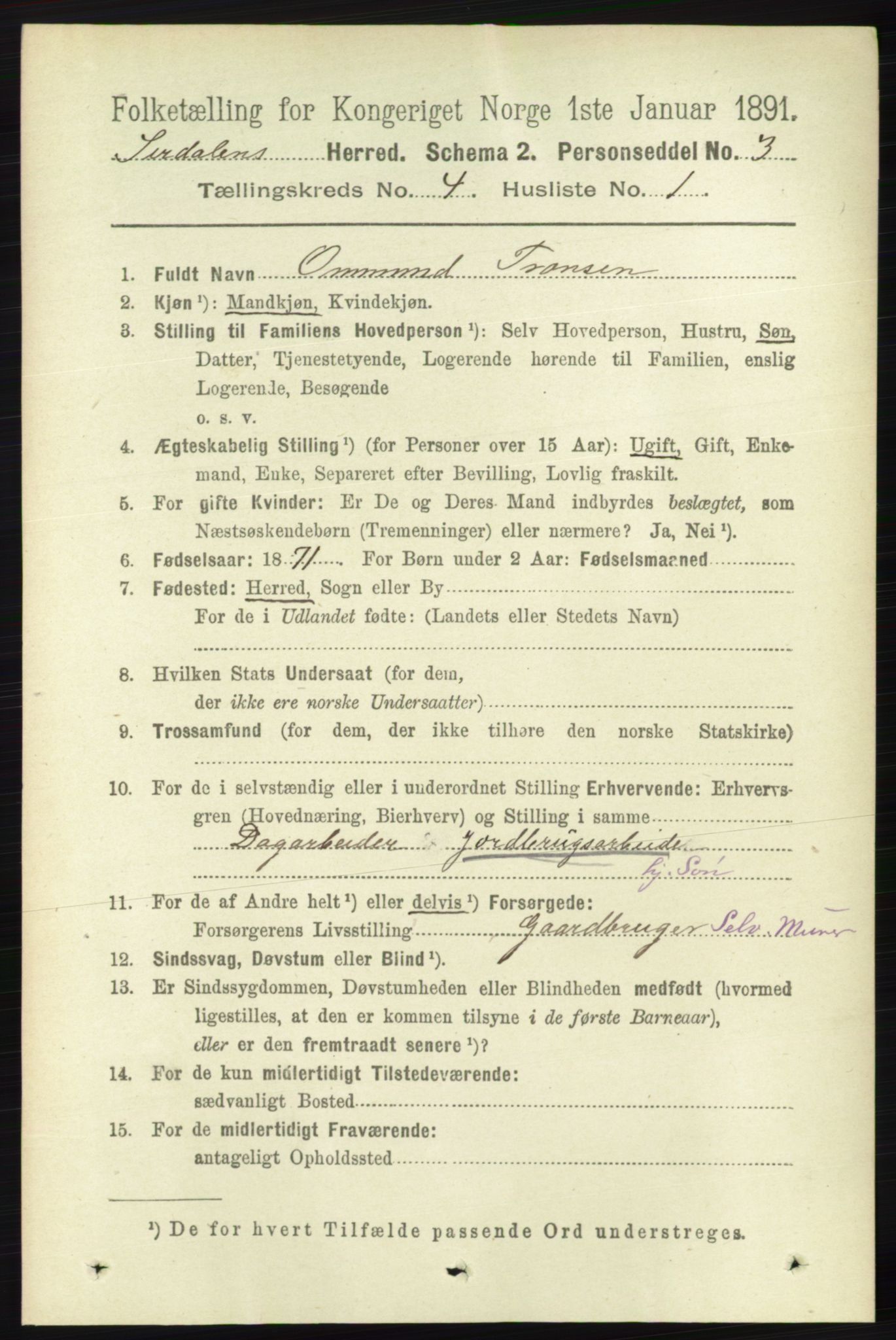 RA, 1891 census for 1046 Sirdal, 1891, p. 937