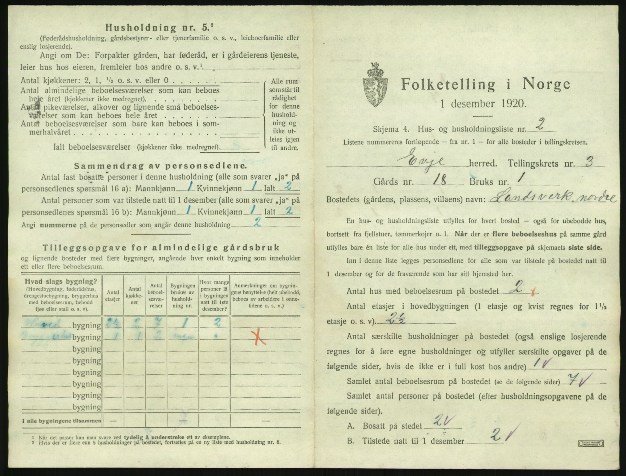 SAK, 1920 census for Evje, 1920, p. 108