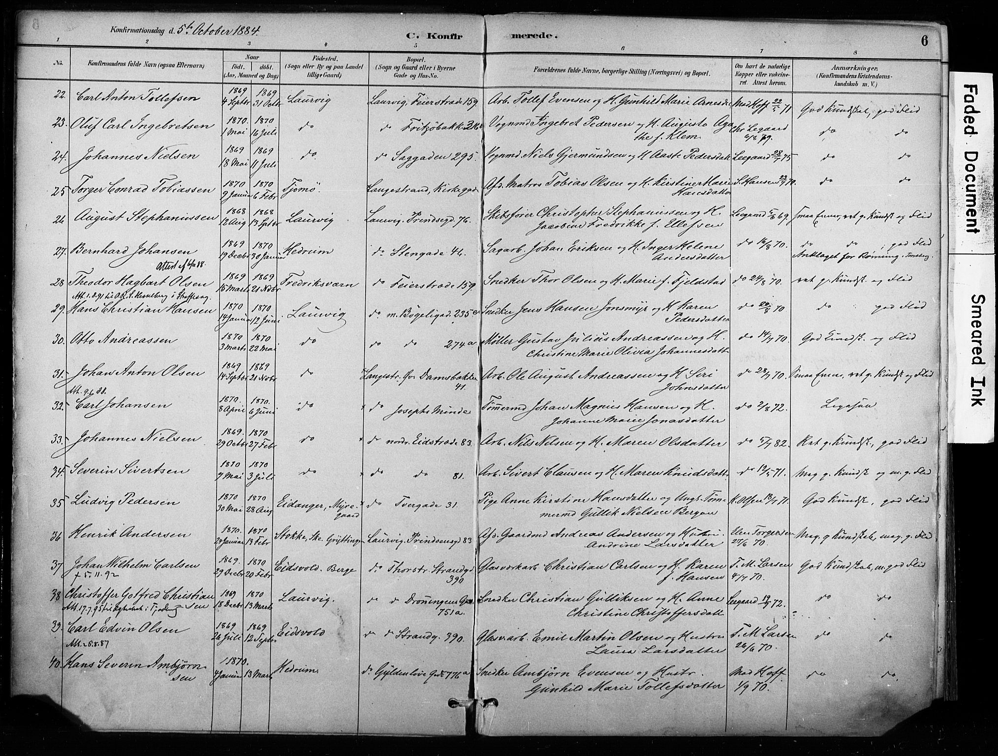 Larvik kirkebøker, AV/SAKO-A-352/F/Fa/L0008: Parish register (official) no. I 8, 1884-1902, p. 6