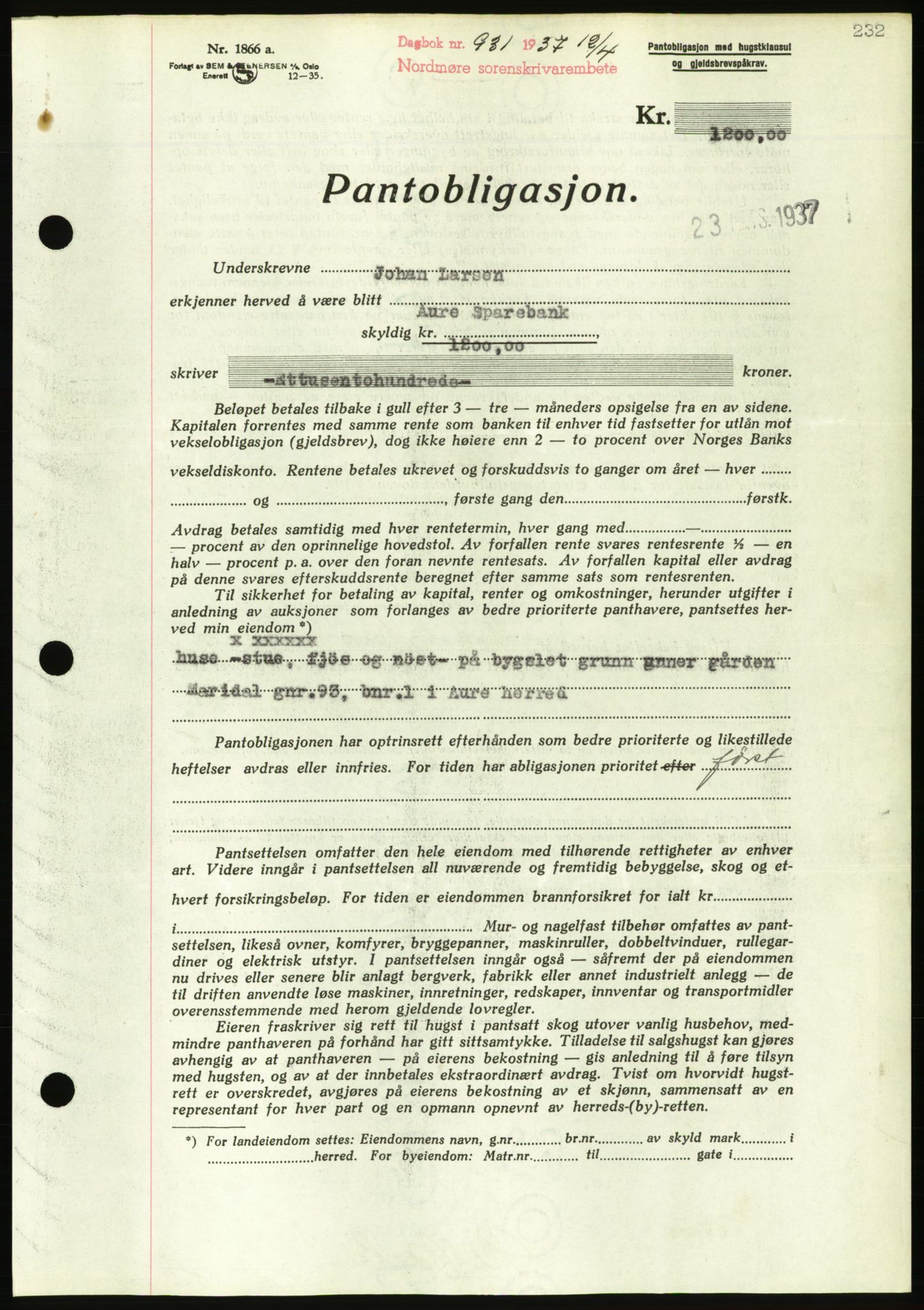 Nordmøre sorenskriveri, AV/SAT-A-4132/1/2/2Ca/L0091: Mortgage book no. B81, 1937-1937, Diary no: : 931/1937