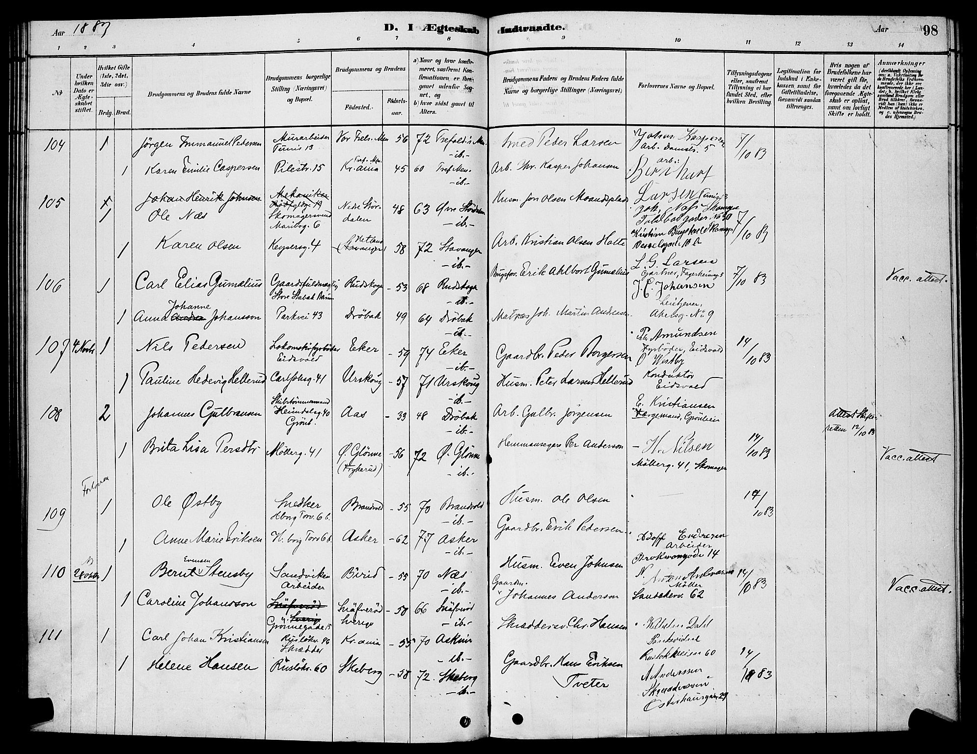 Trefoldighet prestekontor Kirkebøker, AV/SAO-A-10882/H/Ha/L0003: Banns register no. 3, 1878-1888, p. 98