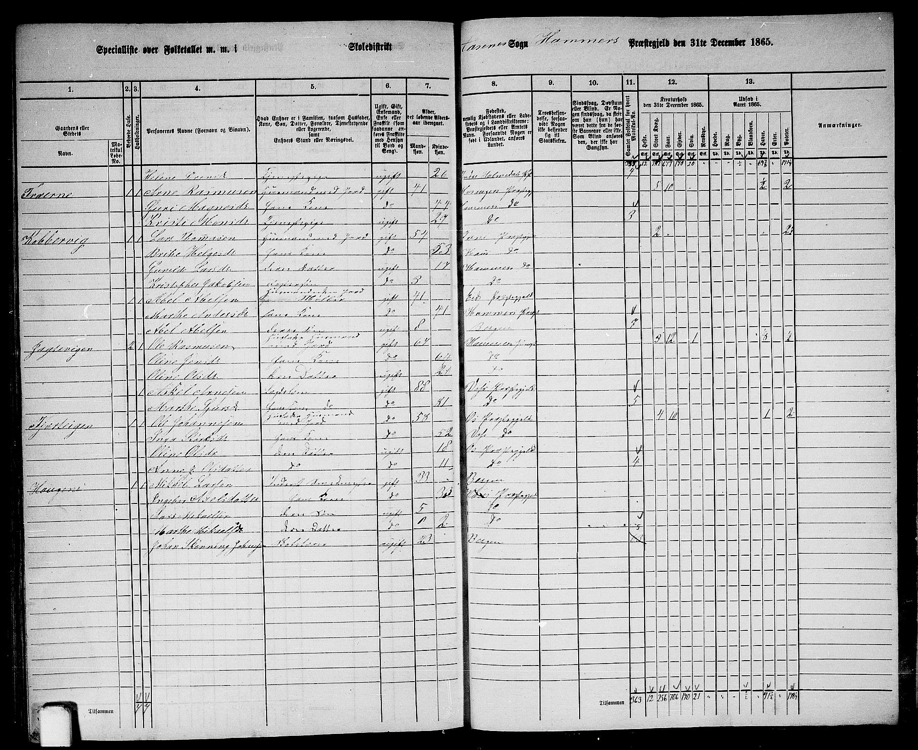 RA, 1865 census for Hamre, 1865, p. 212