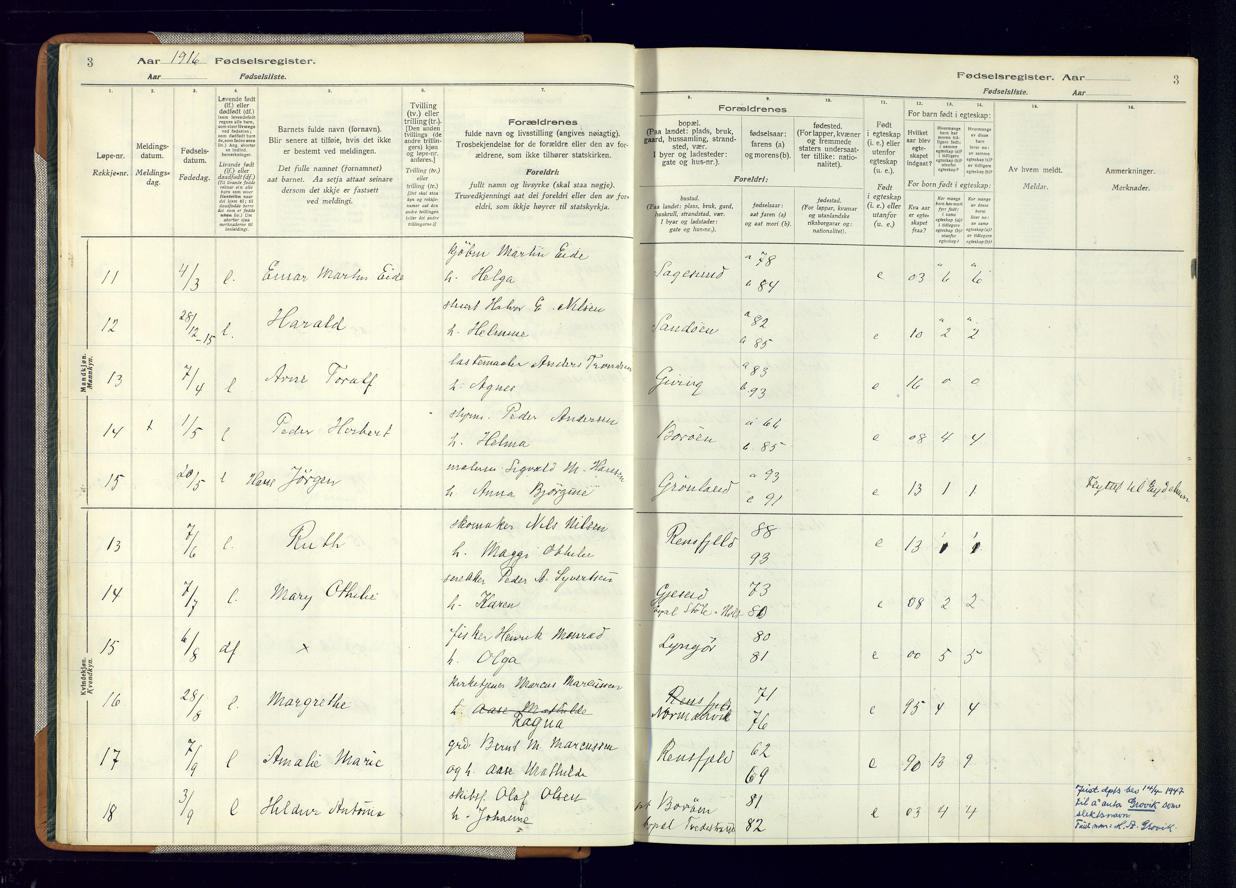 Dypvåg sokneprestkontor, AV/SAK-1111-0007/J/Ja/L0001: Birth register no. II.4.3, 1916-1975, p. 3