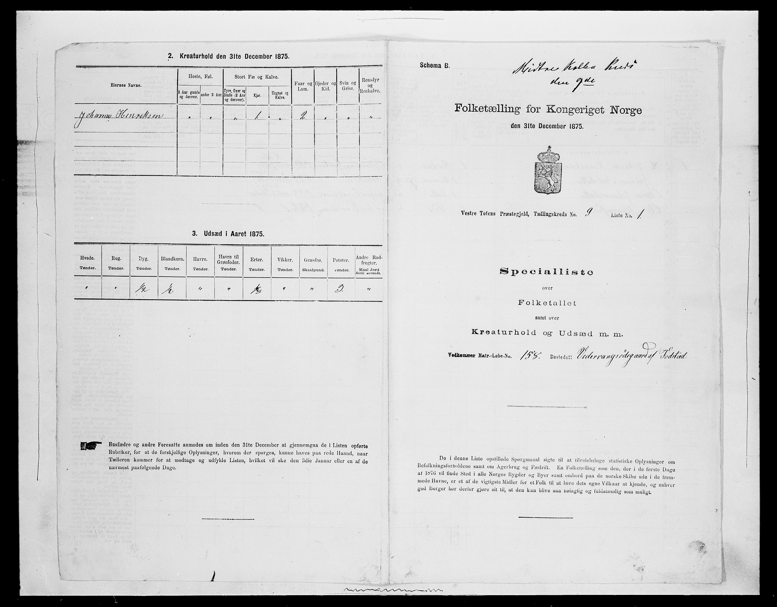 SAH, 1875 census for 0529P Vestre Toten, 1875, p. 1686