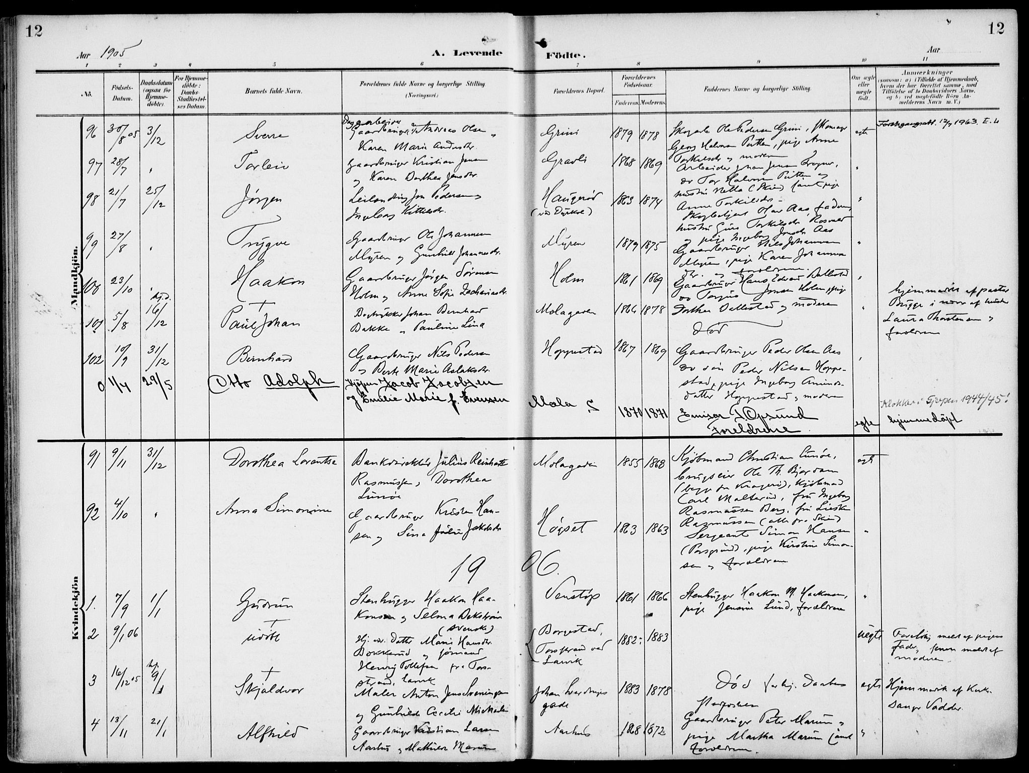 Gjerpen kirkebøker, SAKO/A-265/F/Fa/L0012: Parish register (official) no. I 12, 1905-1913, p. 12