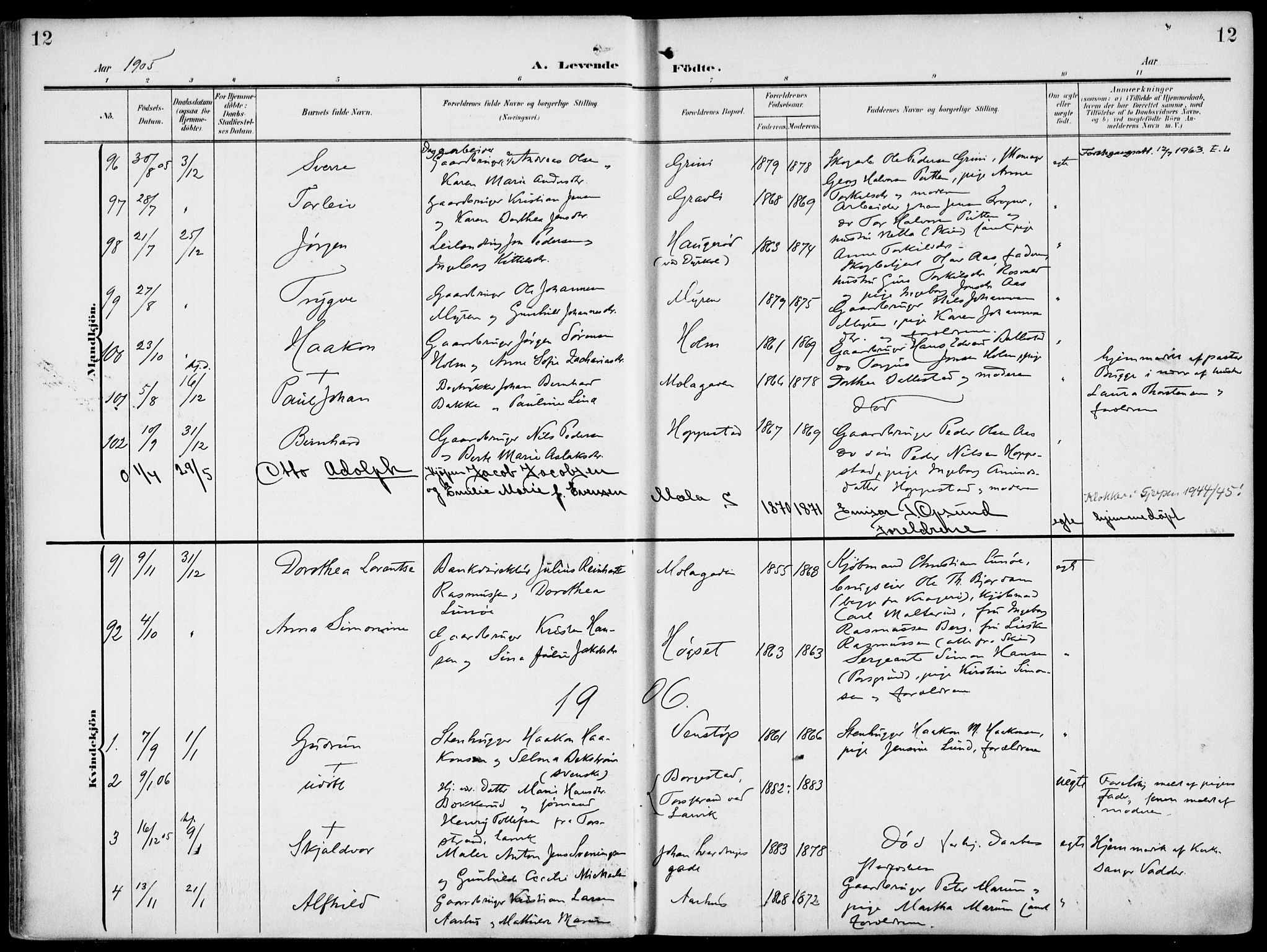 Gjerpen kirkebøker, AV/SAKO-A-265/F/Fa/L0012: Parish register (official) no. I 12, 1905-1913, p. 12