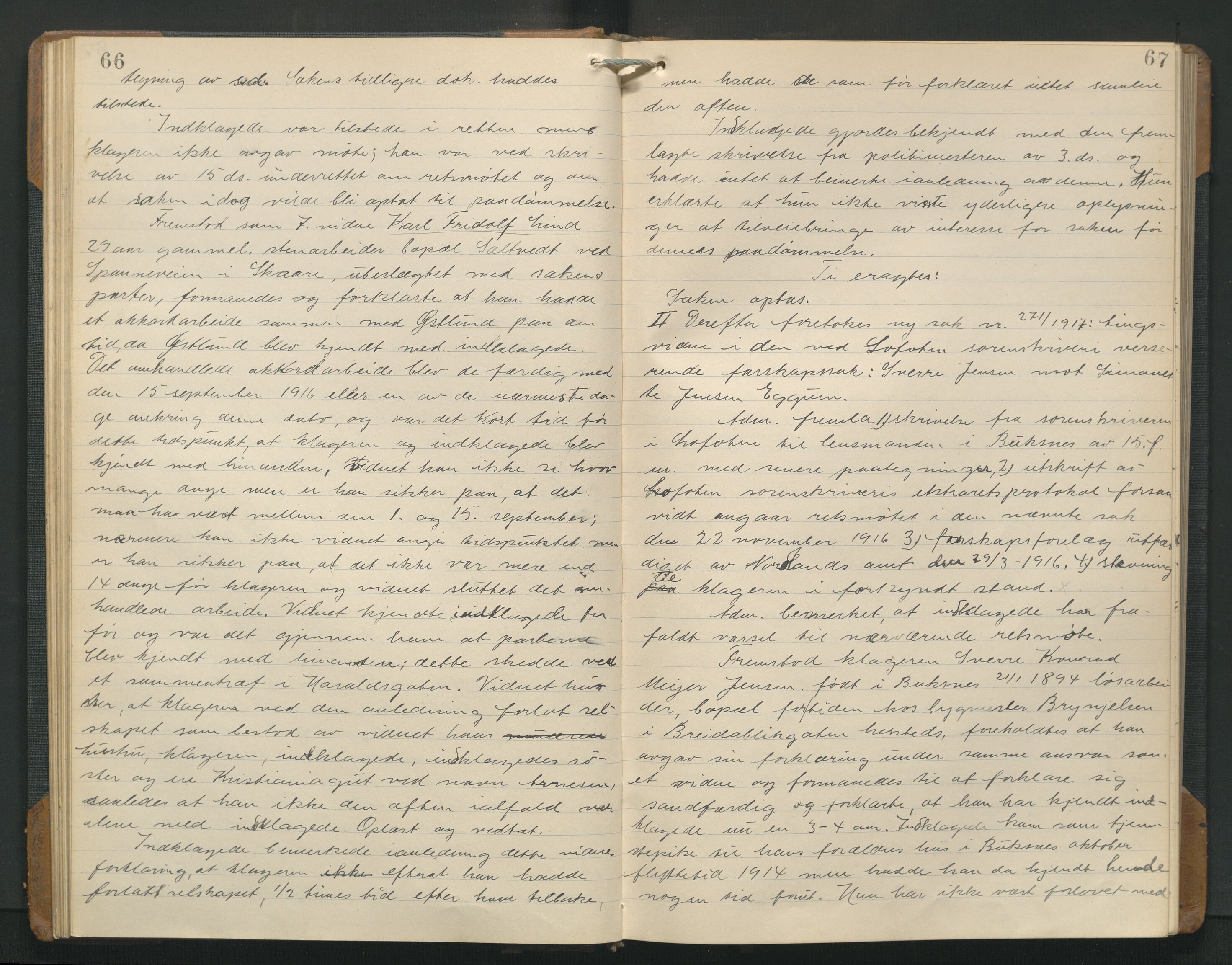 Haugesund tingrett, AV/SAST-A-101415/01/V/VB/VBc/L0001: Ekstrarettsprotokoll, 1916-1925, p. 66-67