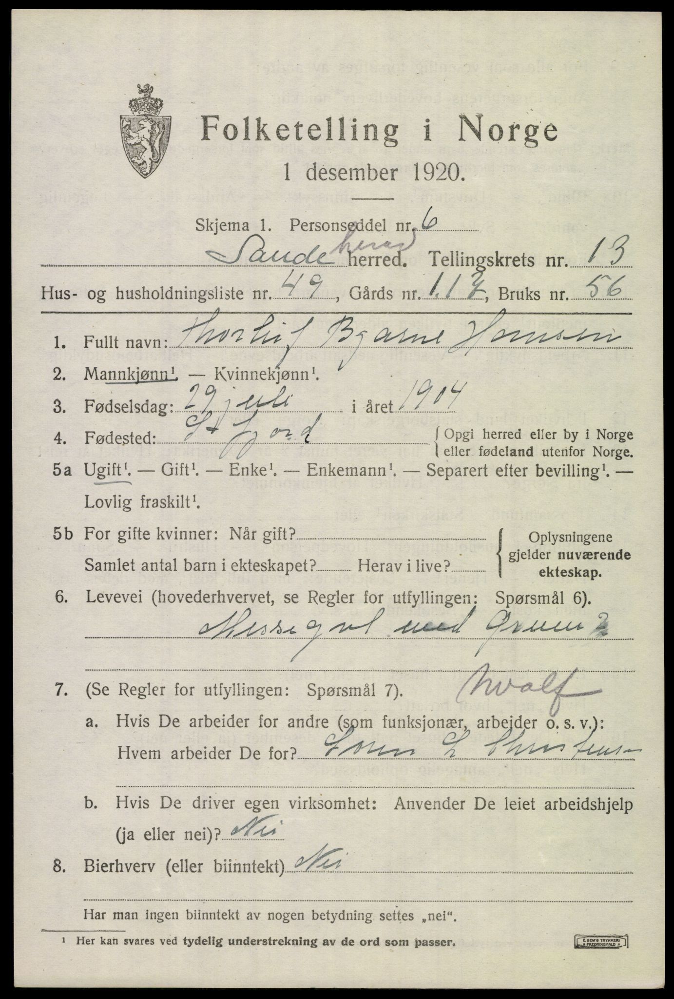 SAKO, 1920 census for Sandeherred, 1920, p. 19910