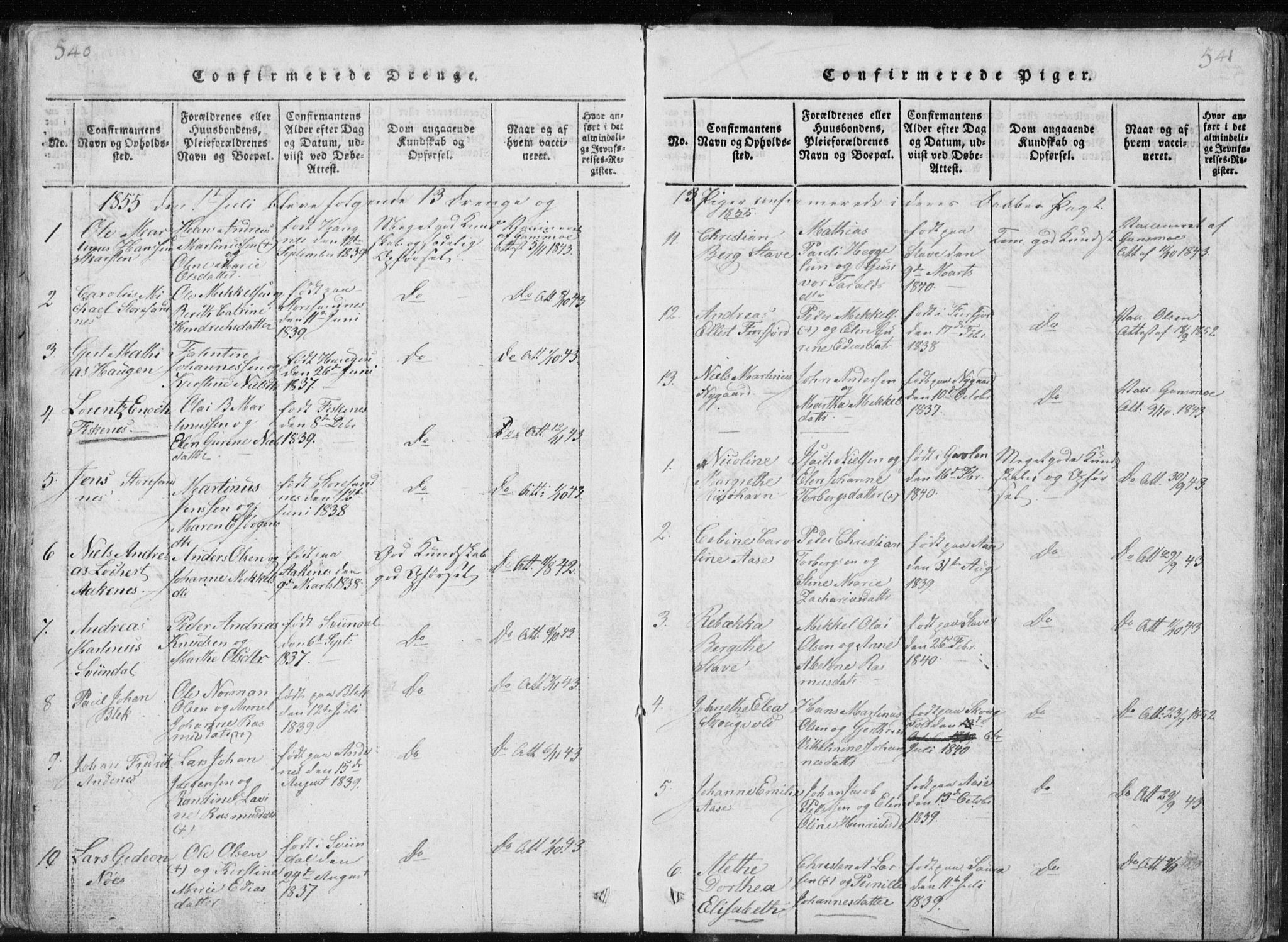 Ministerialprotokoller, klokkerbøker og fødselsregistre - Nordland, AV/SAT-A-1459/897/L1411: Parish register (copy) no. 897C01, 1820-1866, p. 540-541