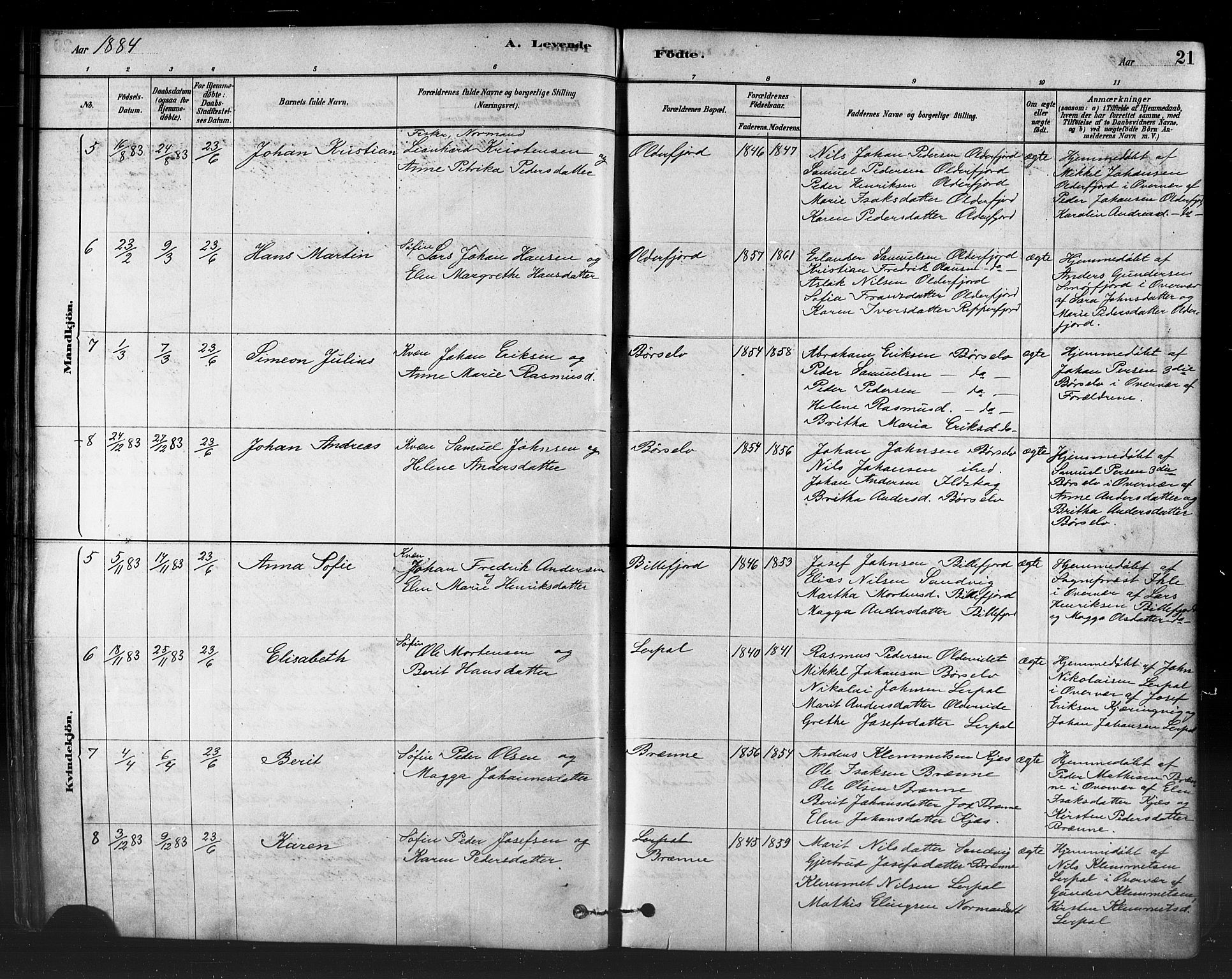 Kistrand/Porsanger sokneprestembete, AV/SATØ-S-1351/H/Ha/L0007.kirke: Parish register (official) no. 7, 1881-1889, p. 21