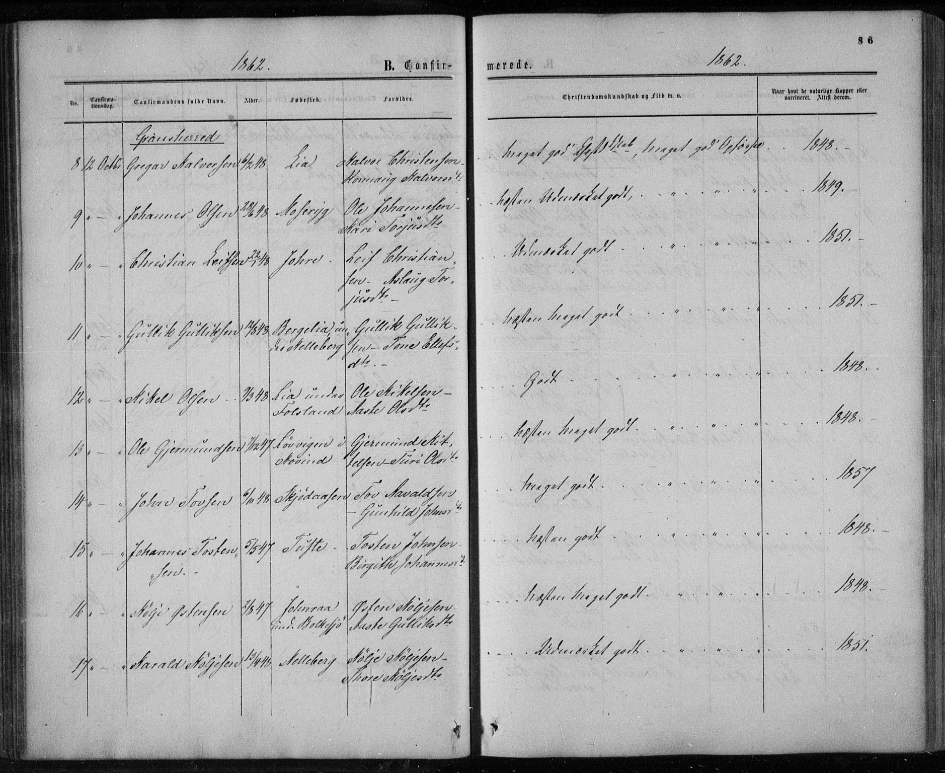 Gransherad kirkebøker, SAKO/A-267/F/Fa/L0003: Parish register (official) no. I 3, 1859-1870, p. 86