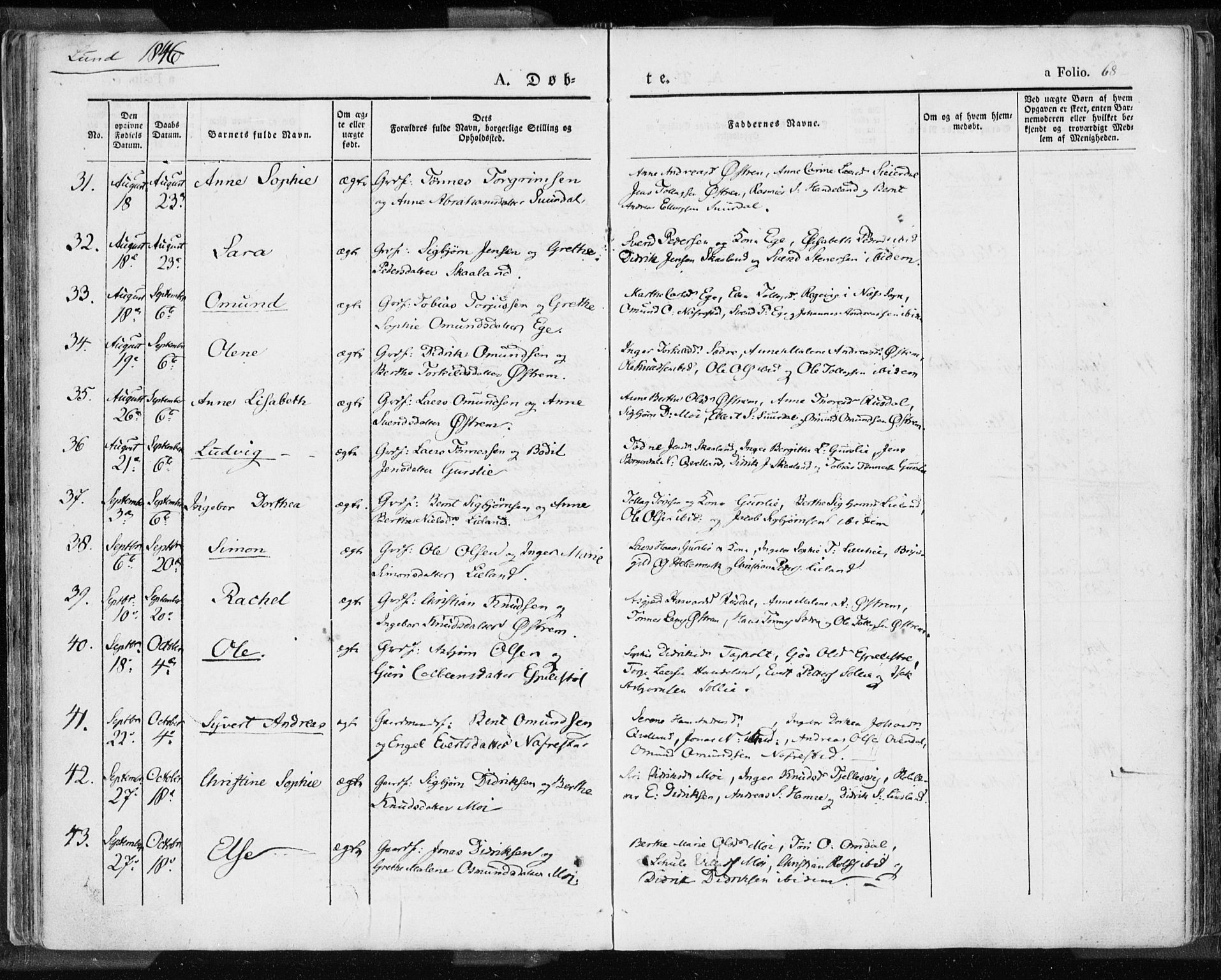 Lund sokneprestkontor, SAST/A-101809/S06/L0007: Parish register (official) no. A 7.1, 1833-1854, p. 68