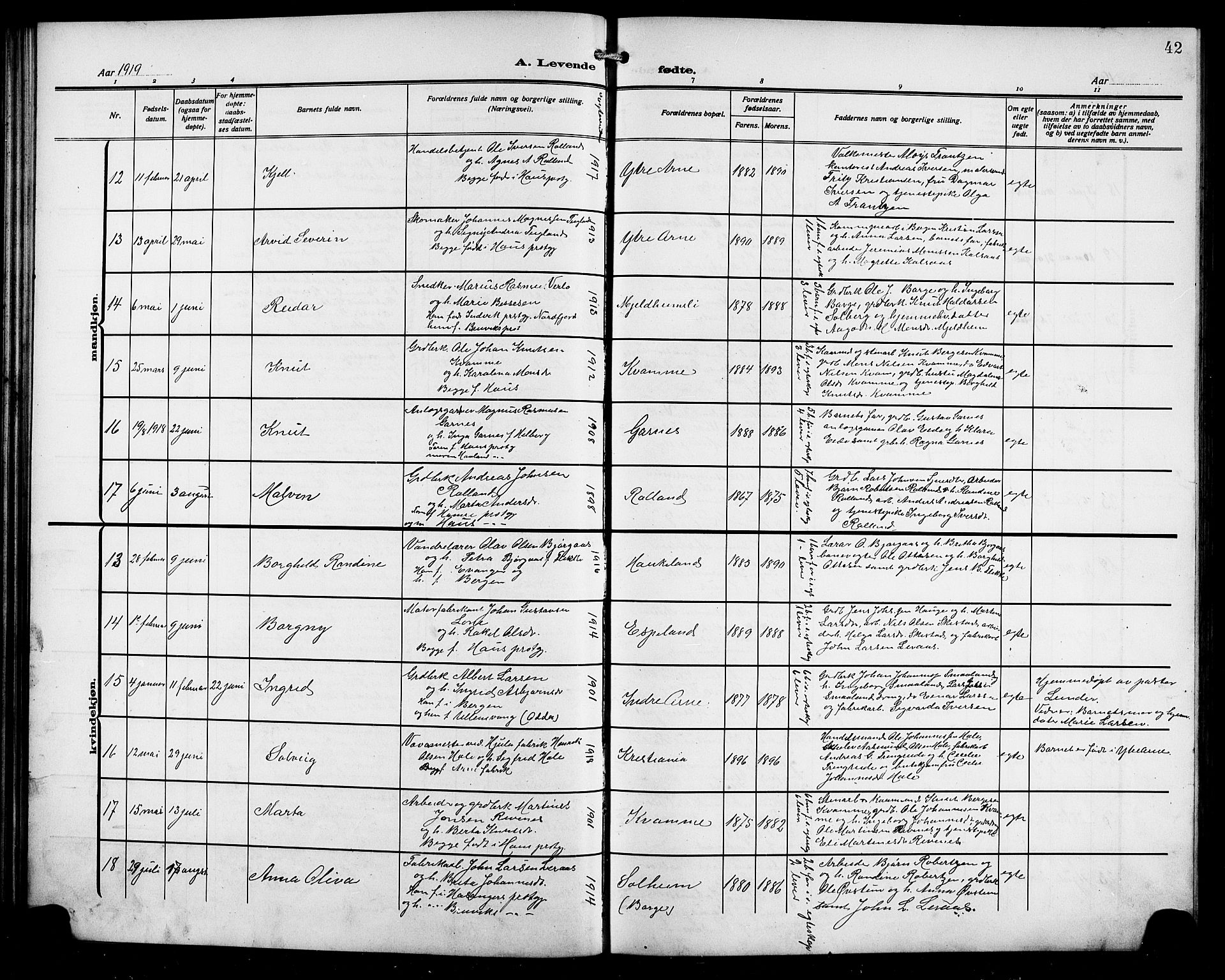 Arna sokneprestembete, AV/SAB-A-74001/H/Ha/Hab: Parish register (copy) no. A 5, 1911-1921, p. 42