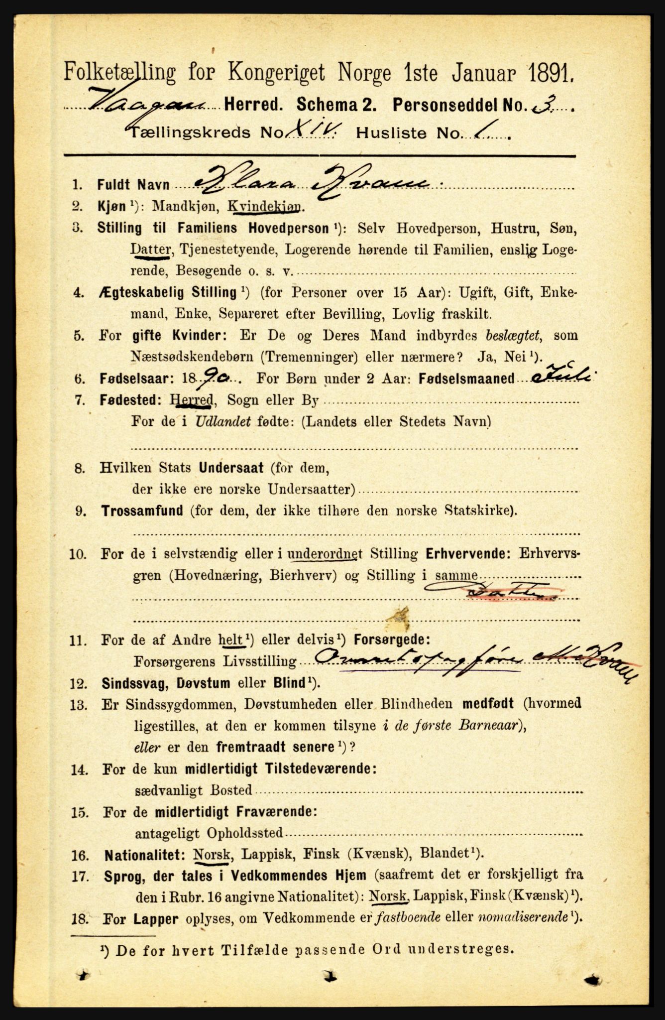 RA, 1891 census for 1865 Vågan, 1891, p. 3657